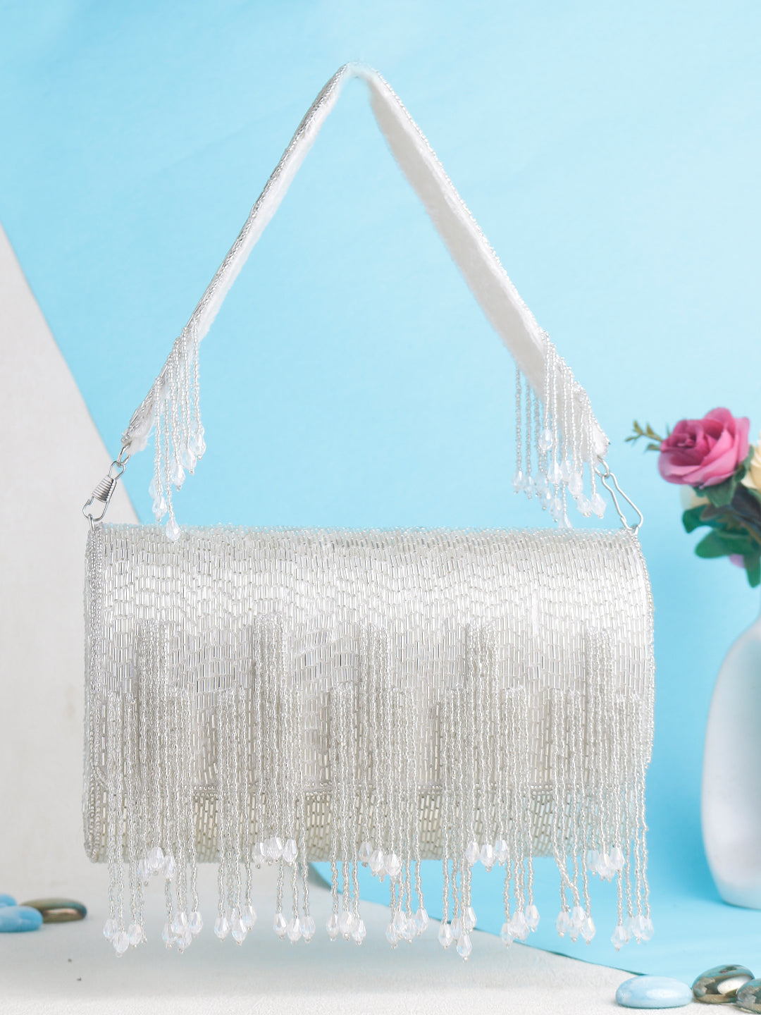 Swisni silver flap bag with heavy latkans