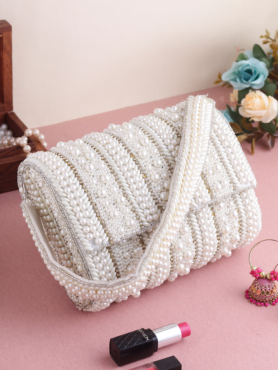 Swisni white pearl flap bag with pearl belt