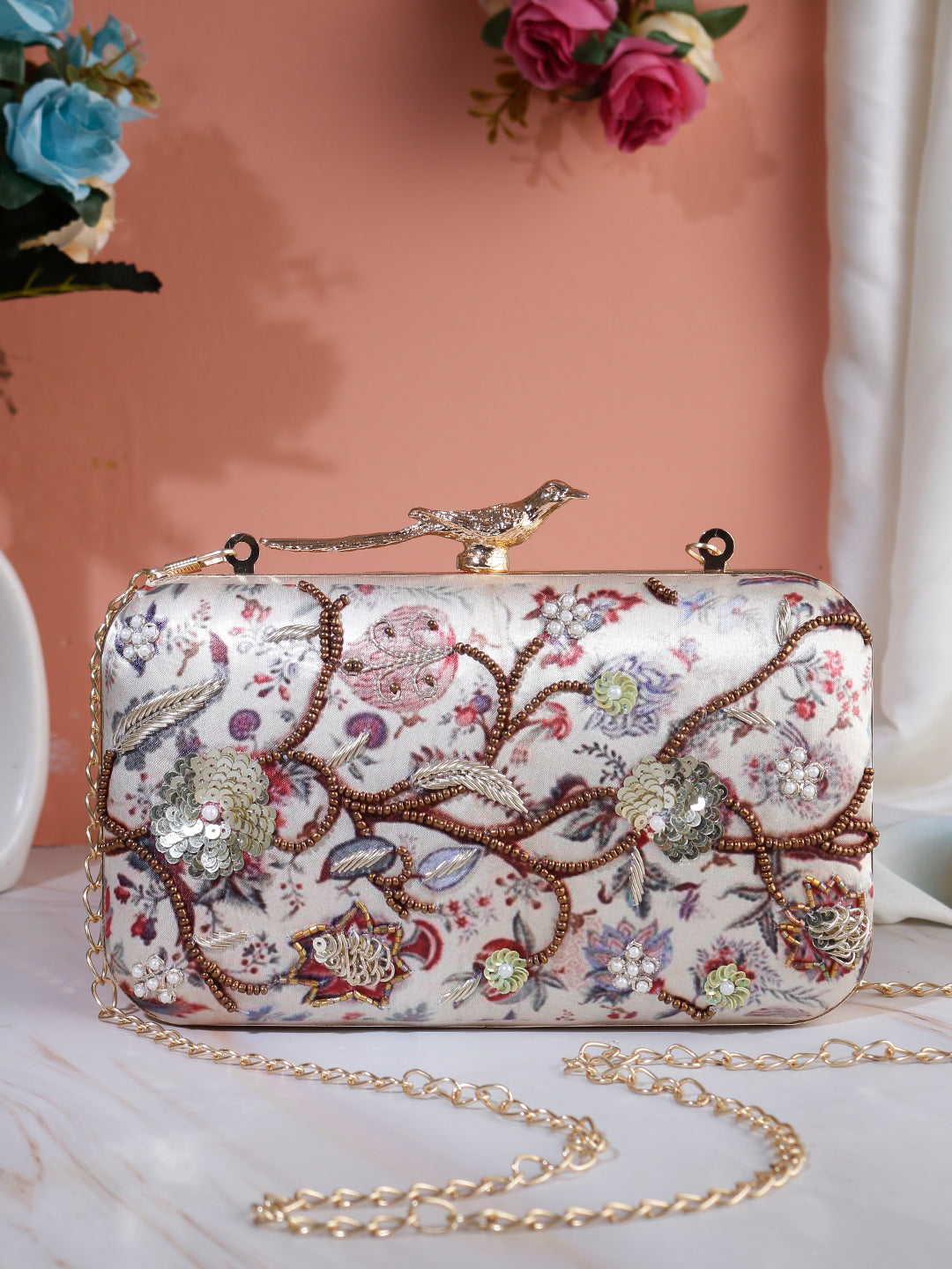 Swisni printed embroidered clutch bag with bird knob