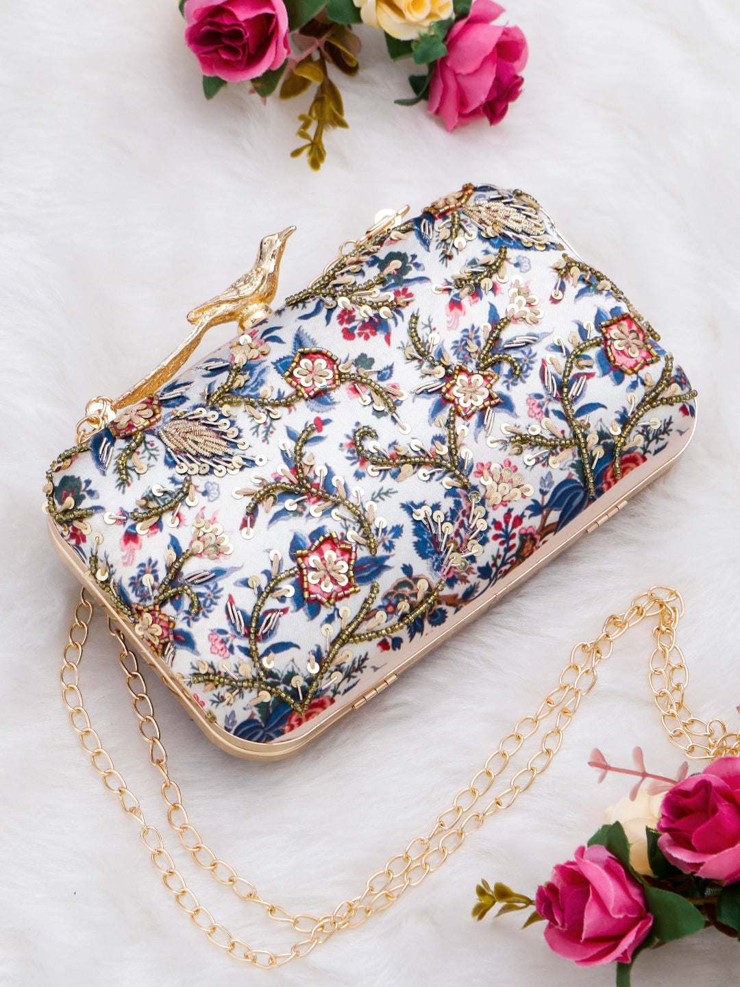 Swisni printed embroidered clutch bag with bird knob