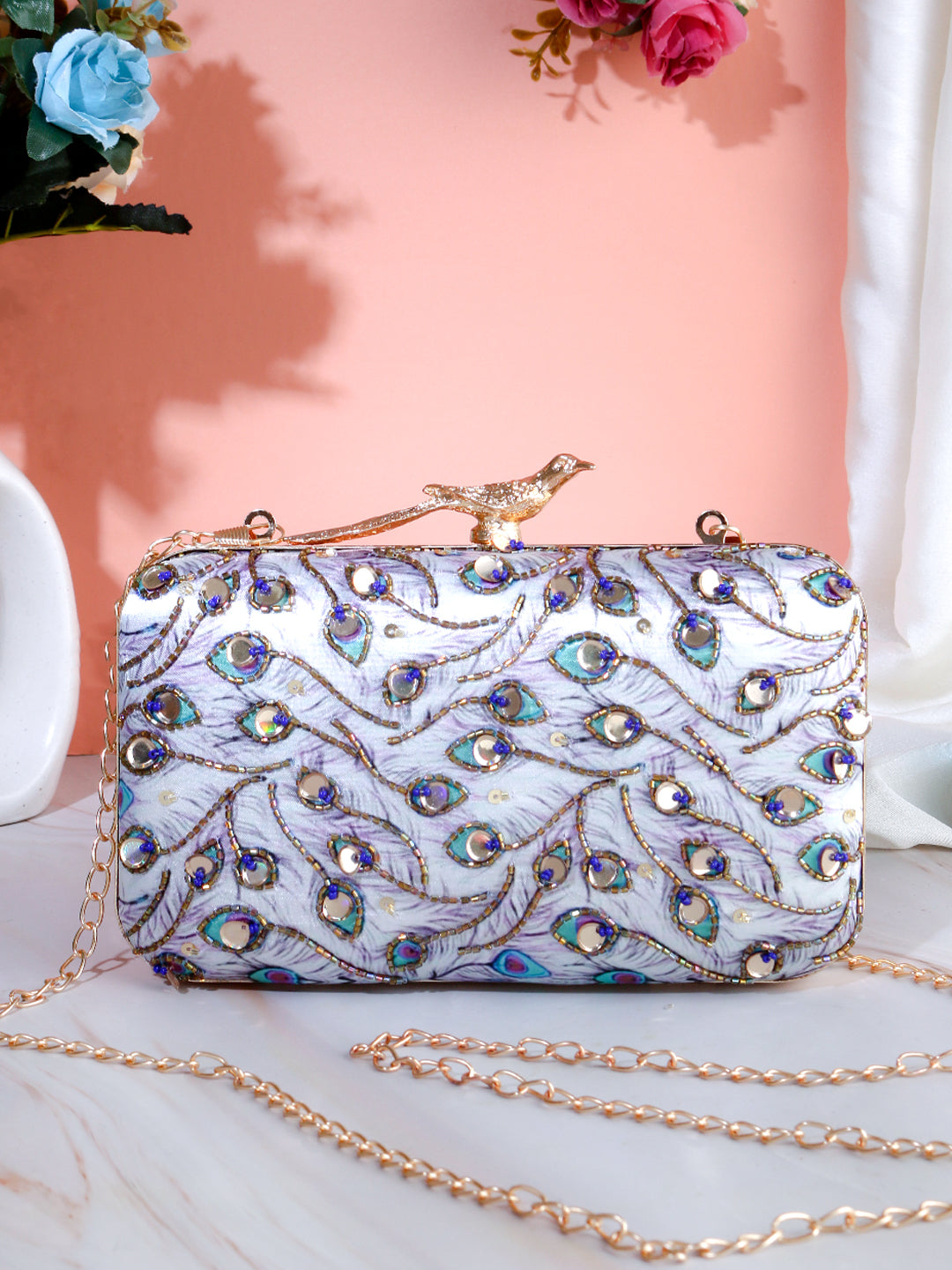 Swisni printed embroidered clutch bag
