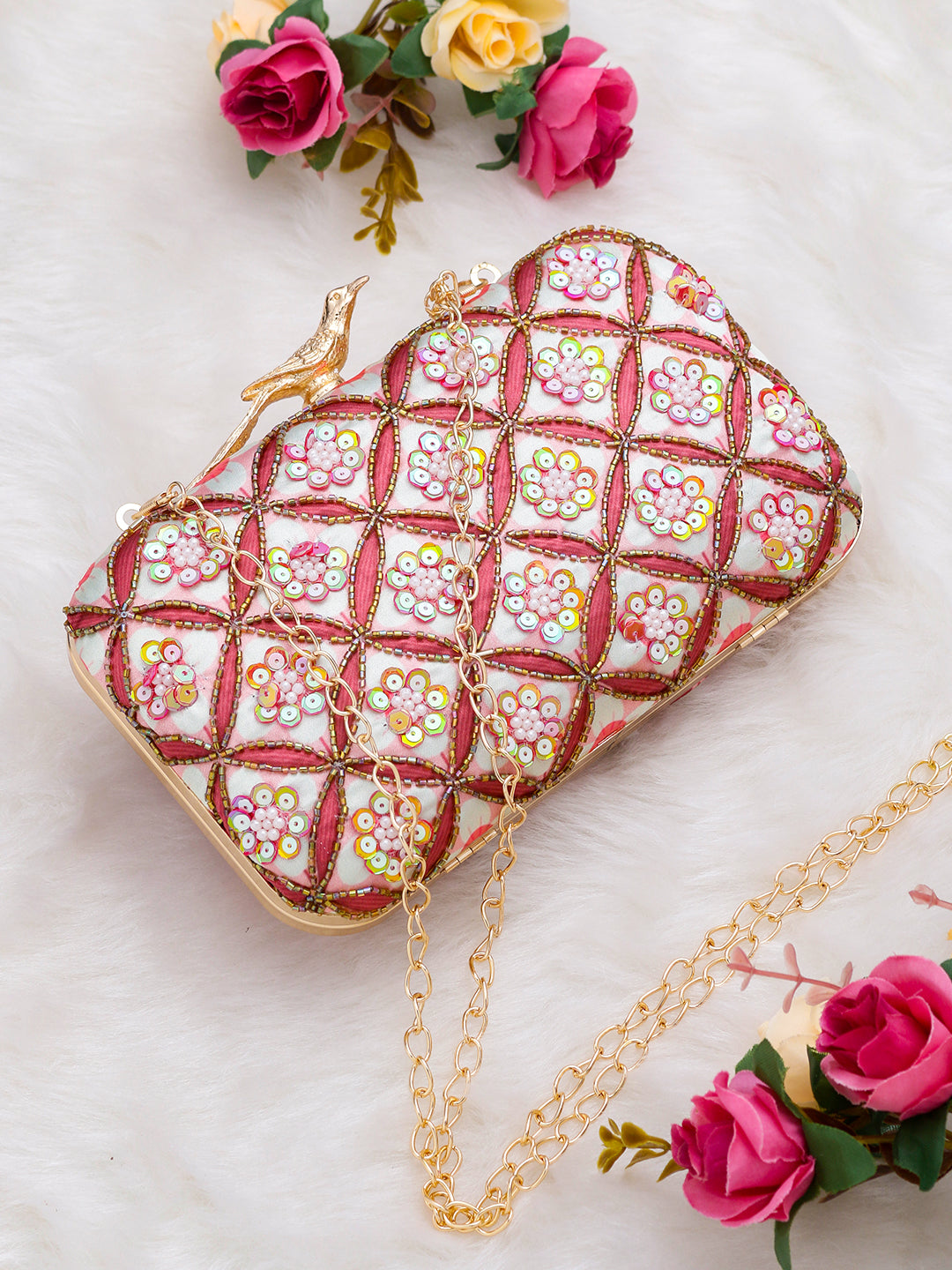 Swisni orange printed embroidered clutch bag