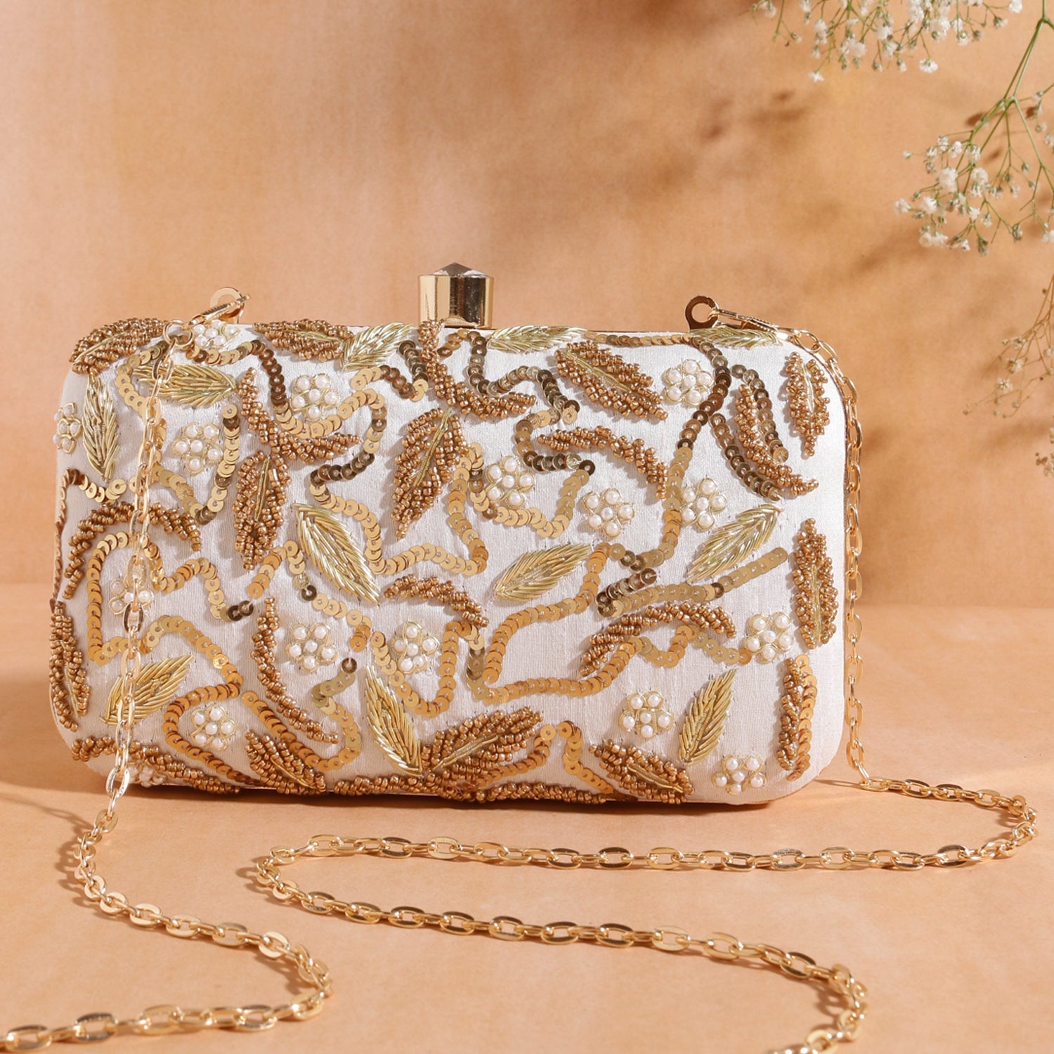 Embroidered Box Clutch For Casual Use