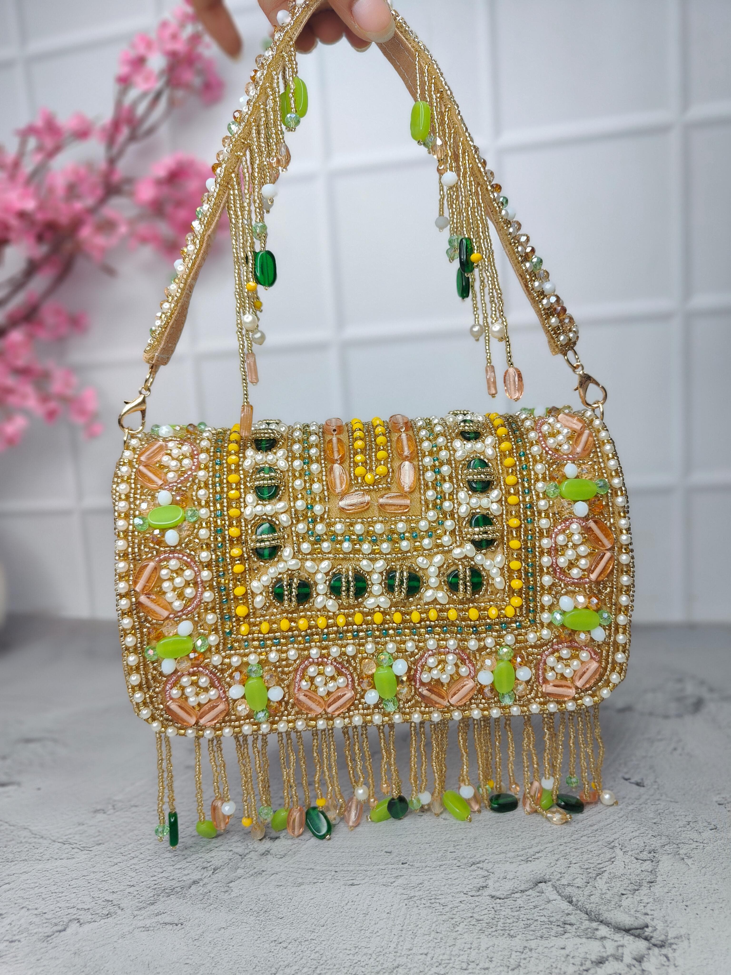 Golden beaded flap bags