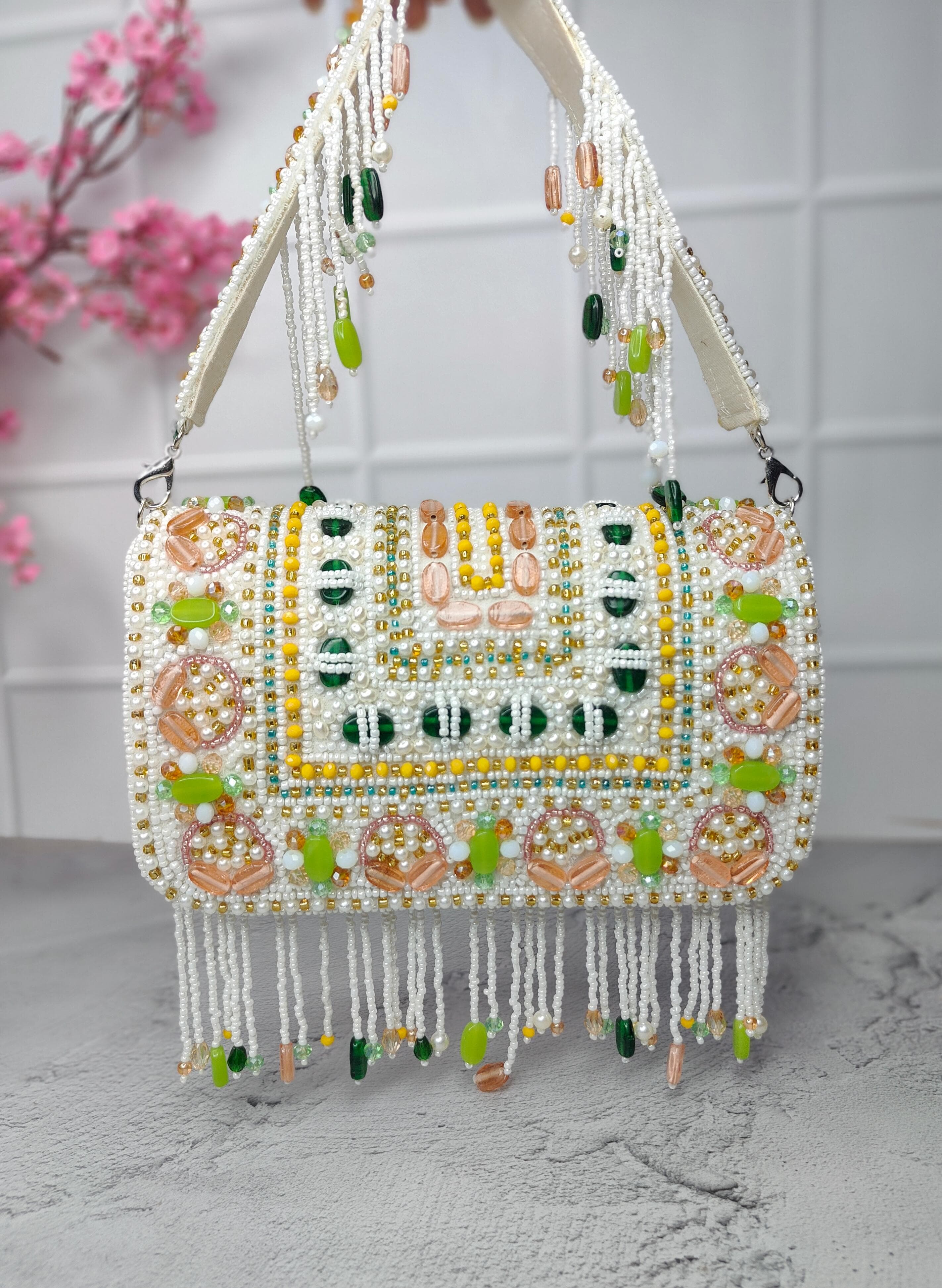 White beaded flap bags