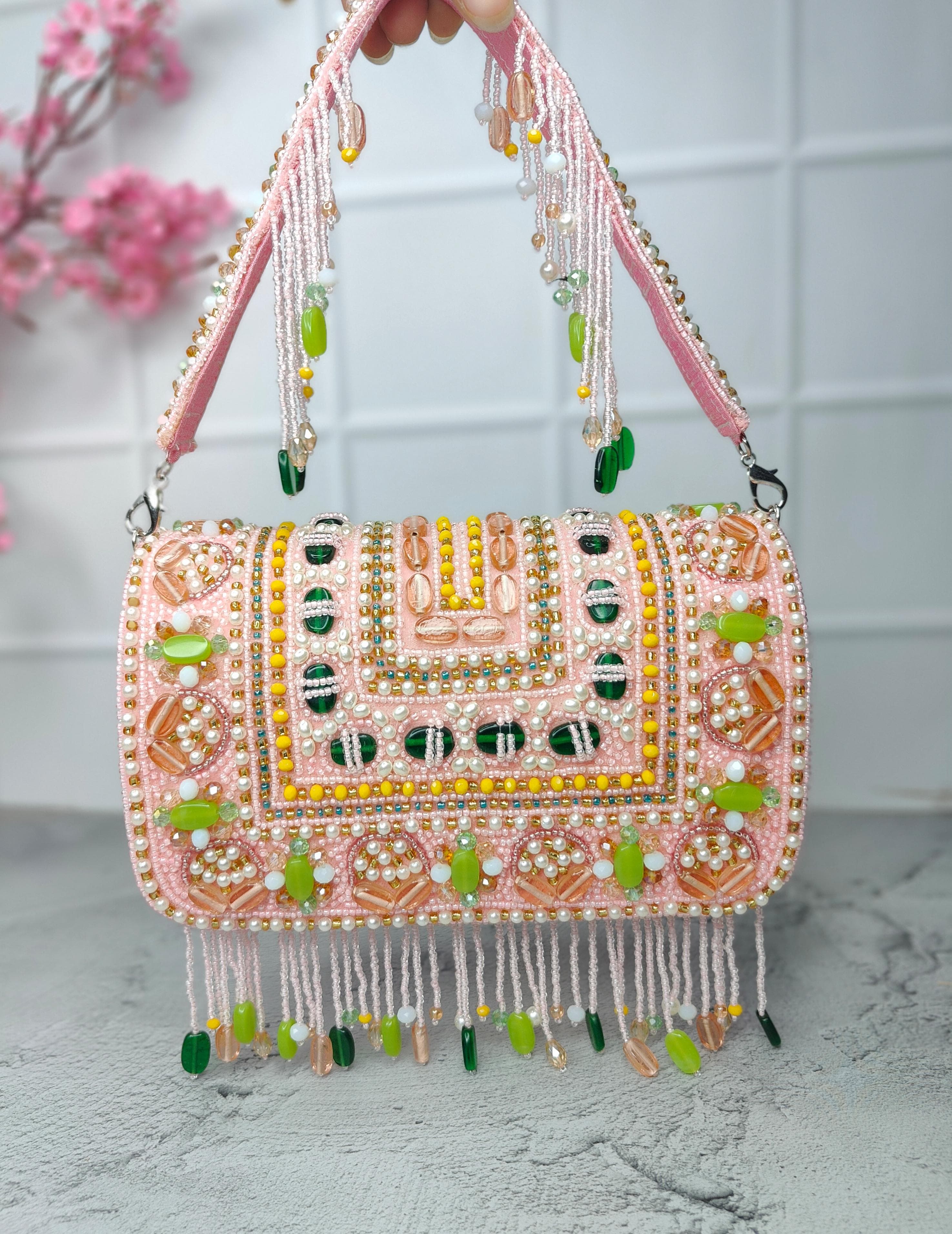 Baby pink beaded flap bags