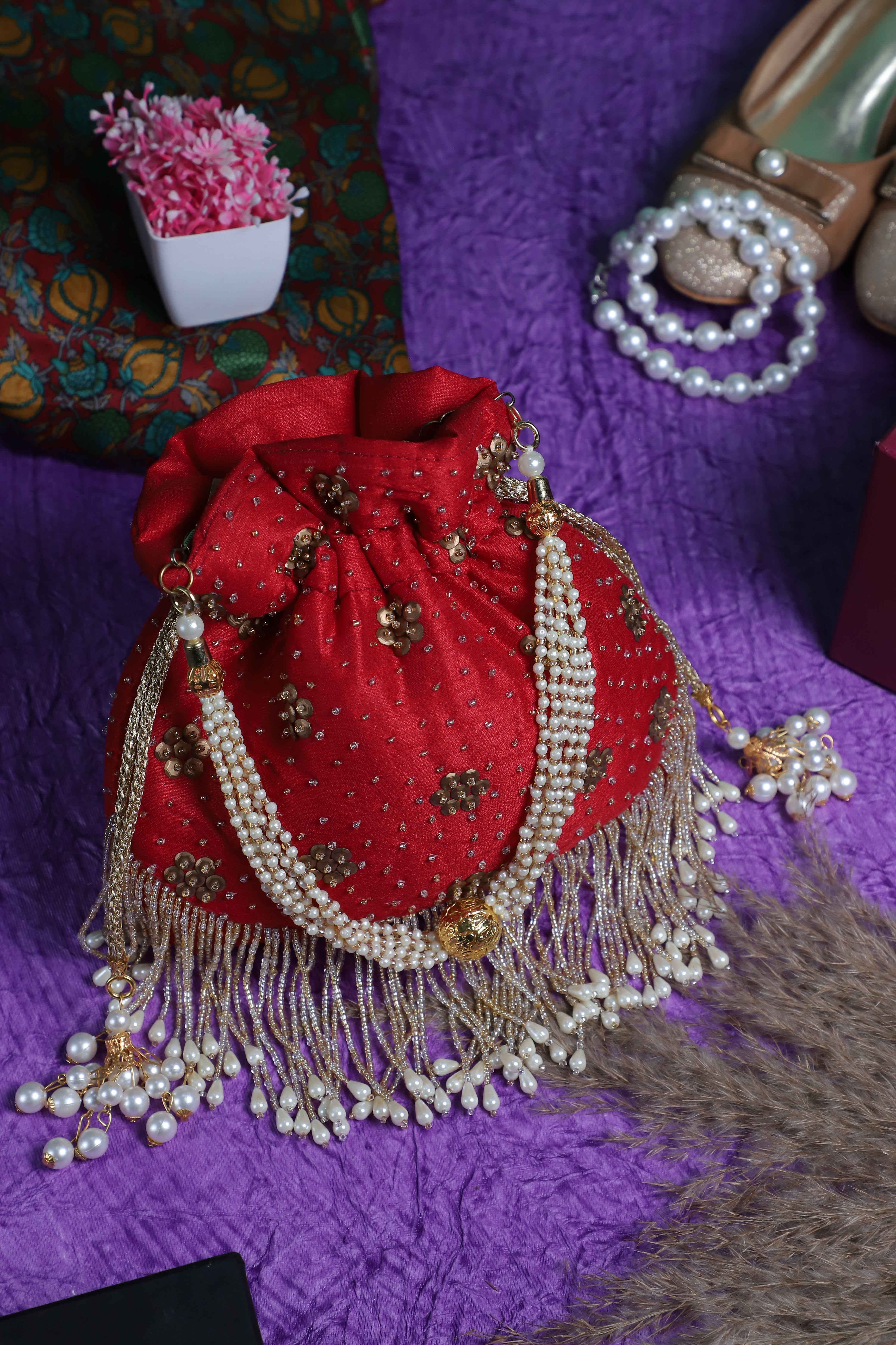 Red Embroidered Potli