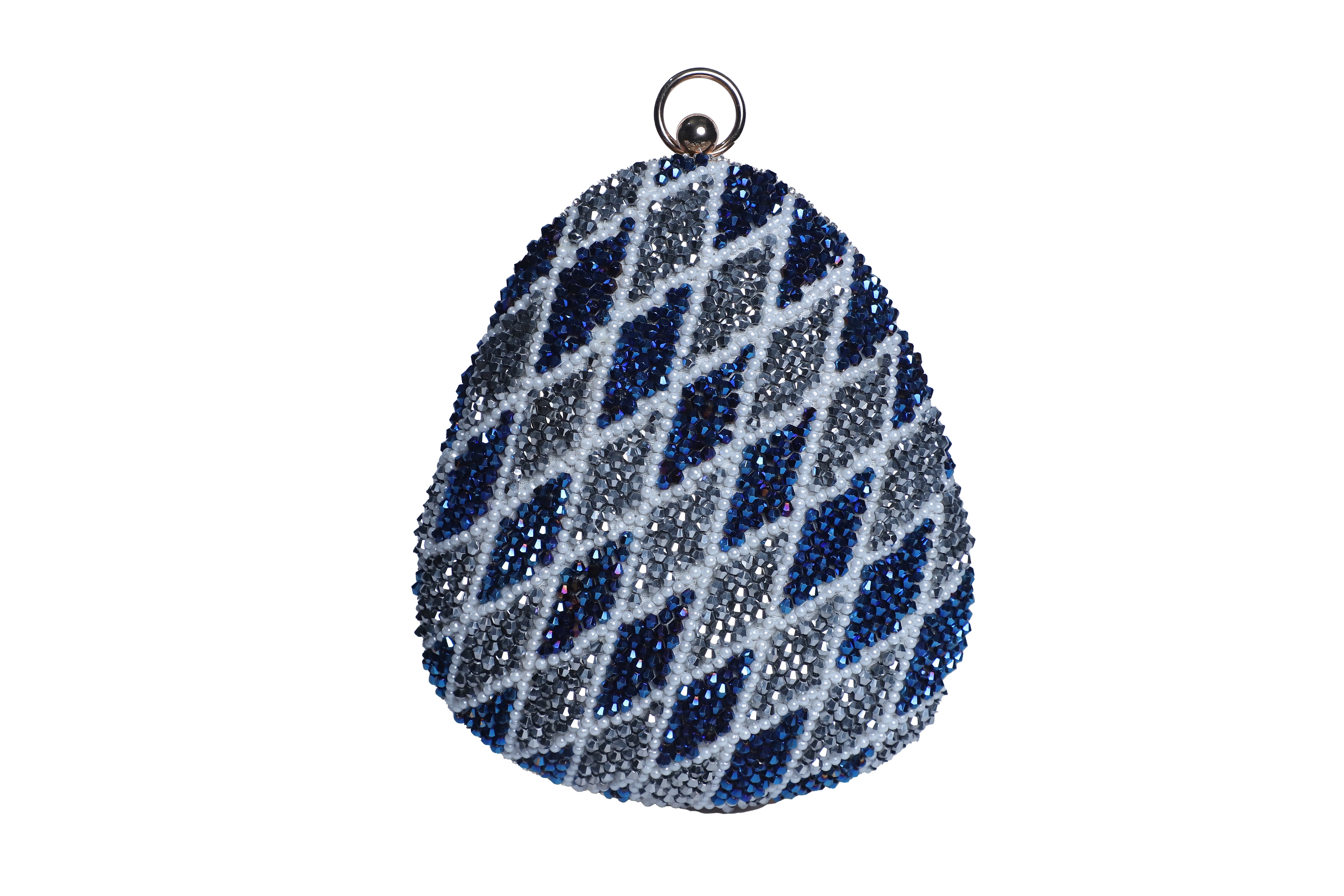 Exclusive Embroidered egg shape Designer blue-white clutch