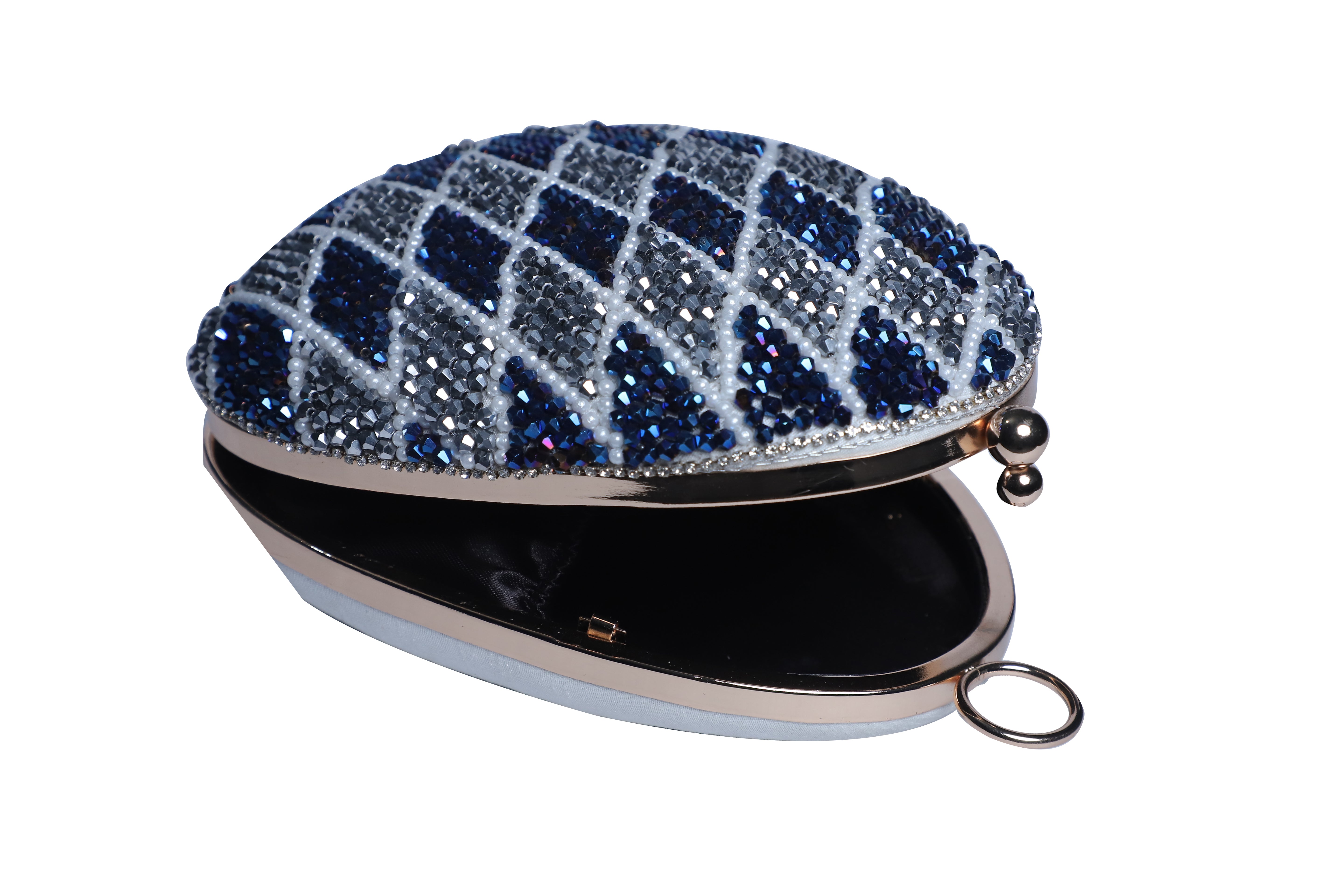 Exclusive Embroidered egg shape Designer blue-white clutch