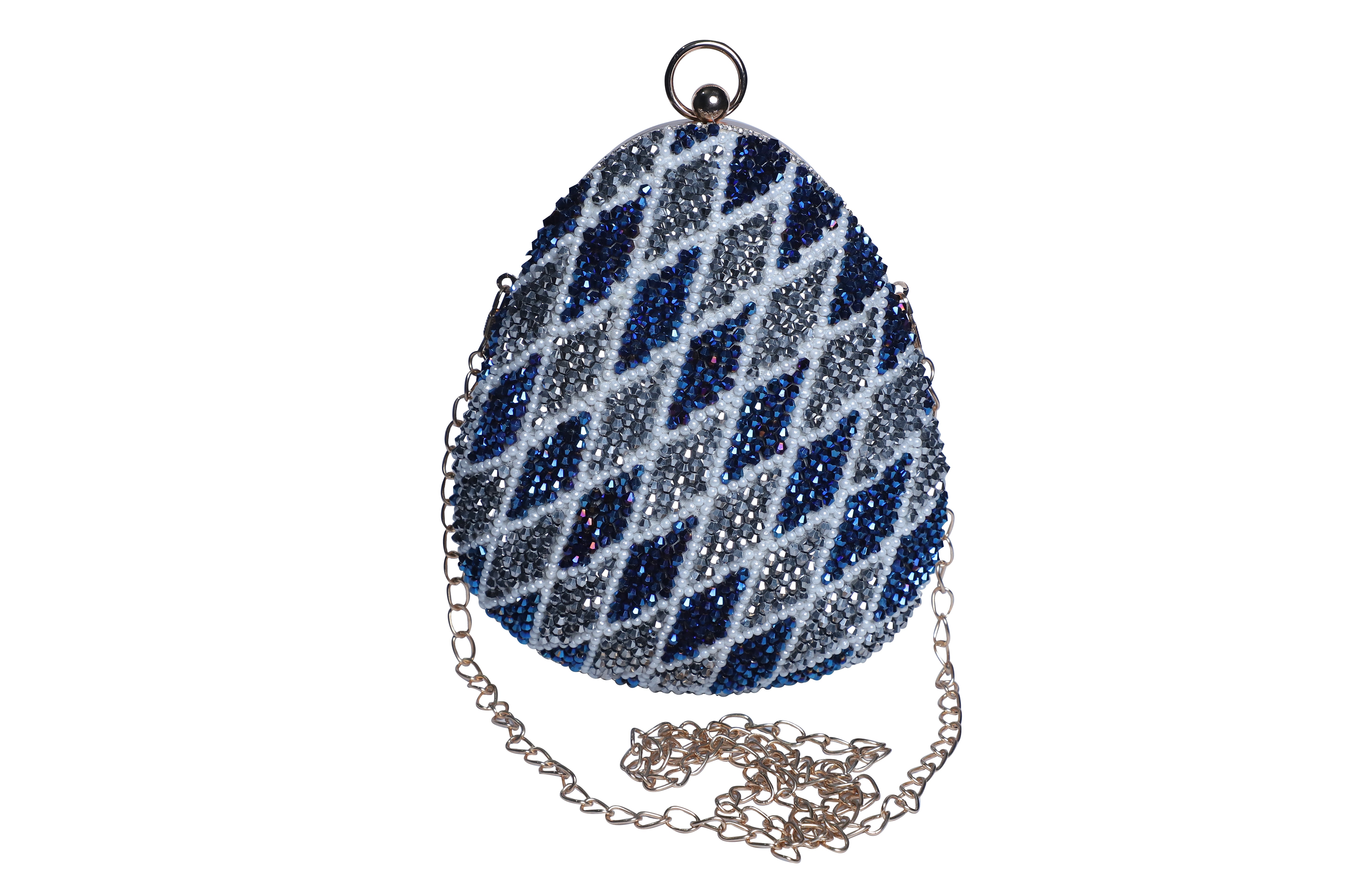Exclusive Embroidered egg shape Designer blue-white clutch