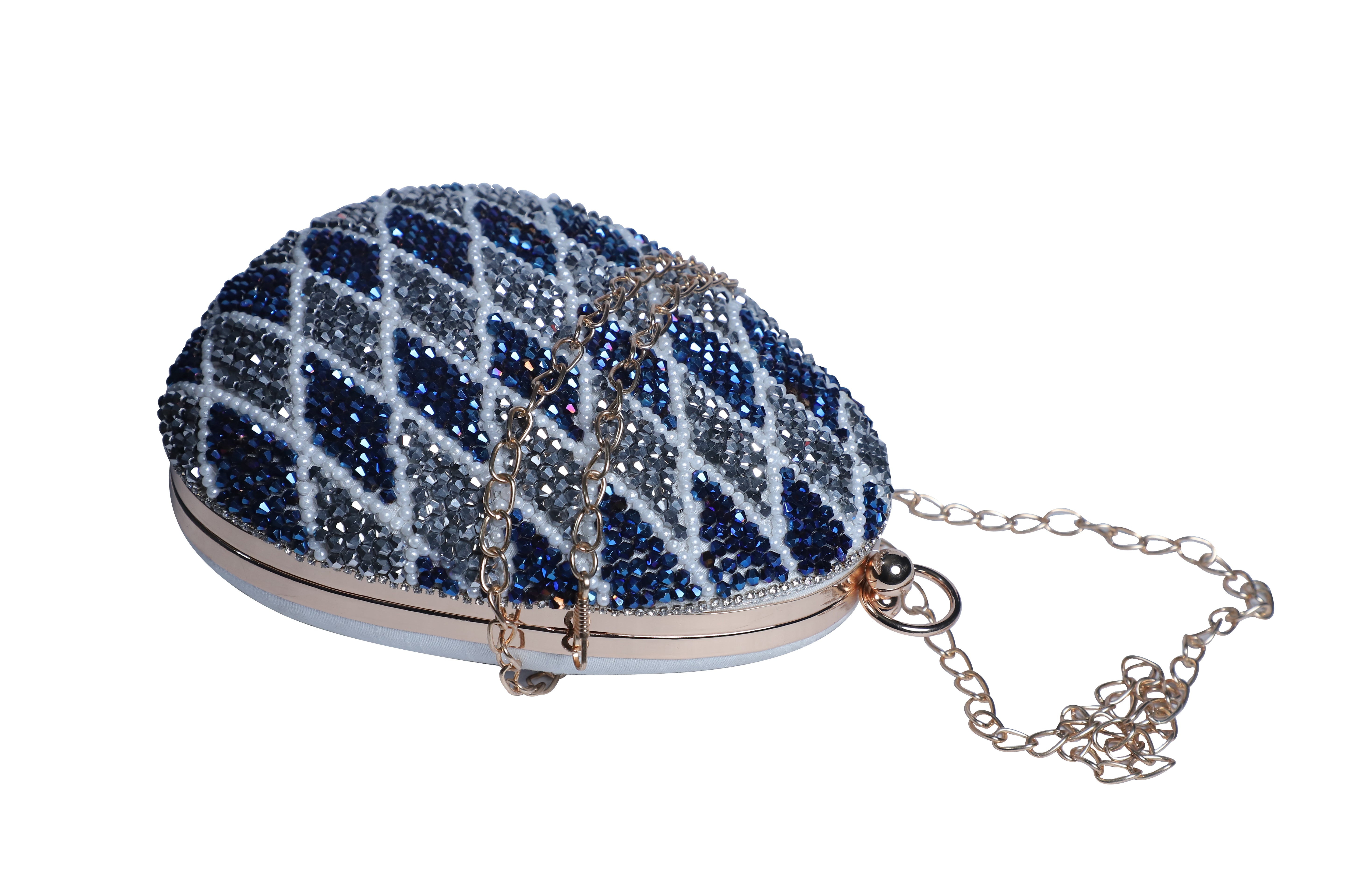 Exclusive Embroidered egg shape Designer blue-white clutch