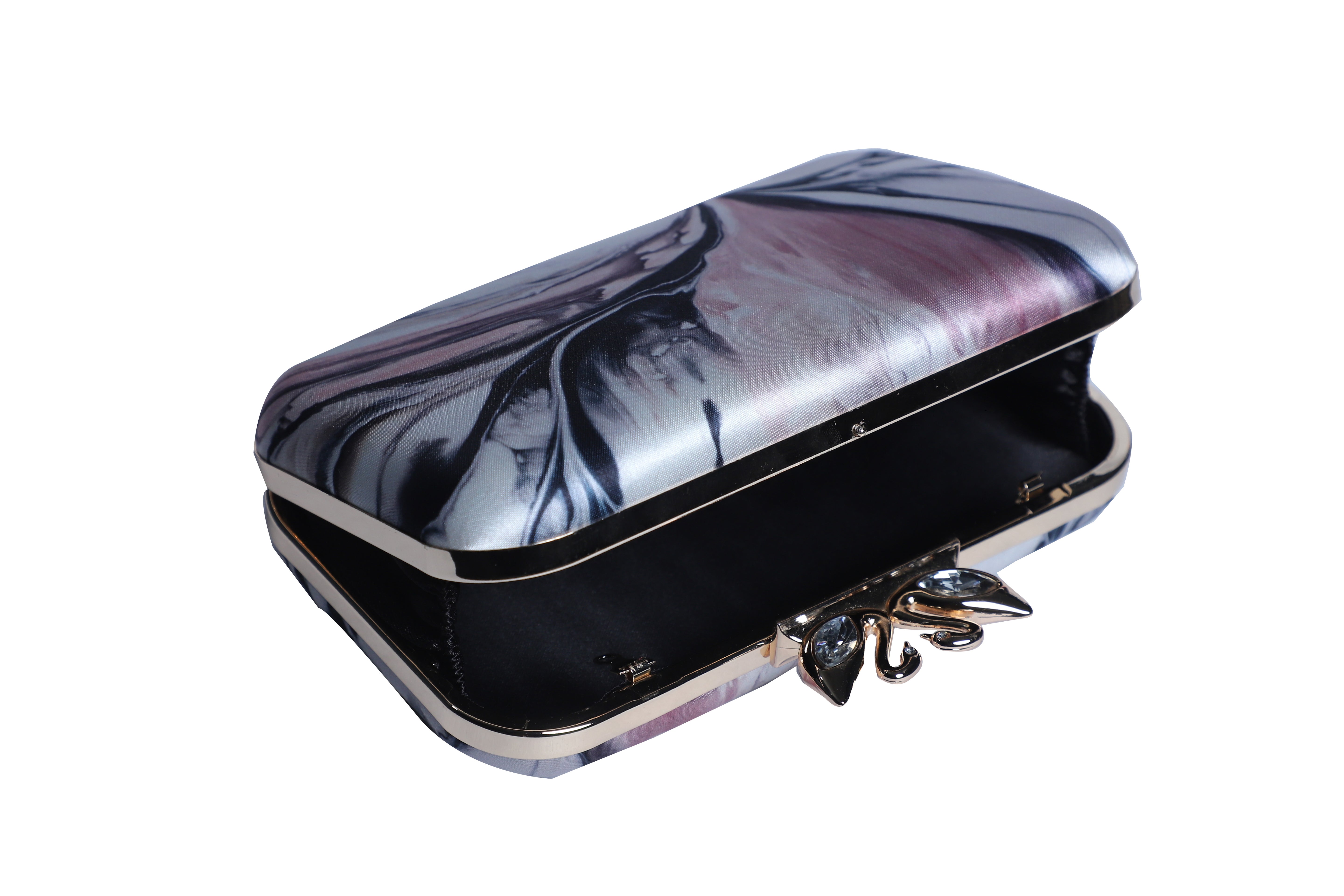 Abstract printed swan lock rectanguler clutch