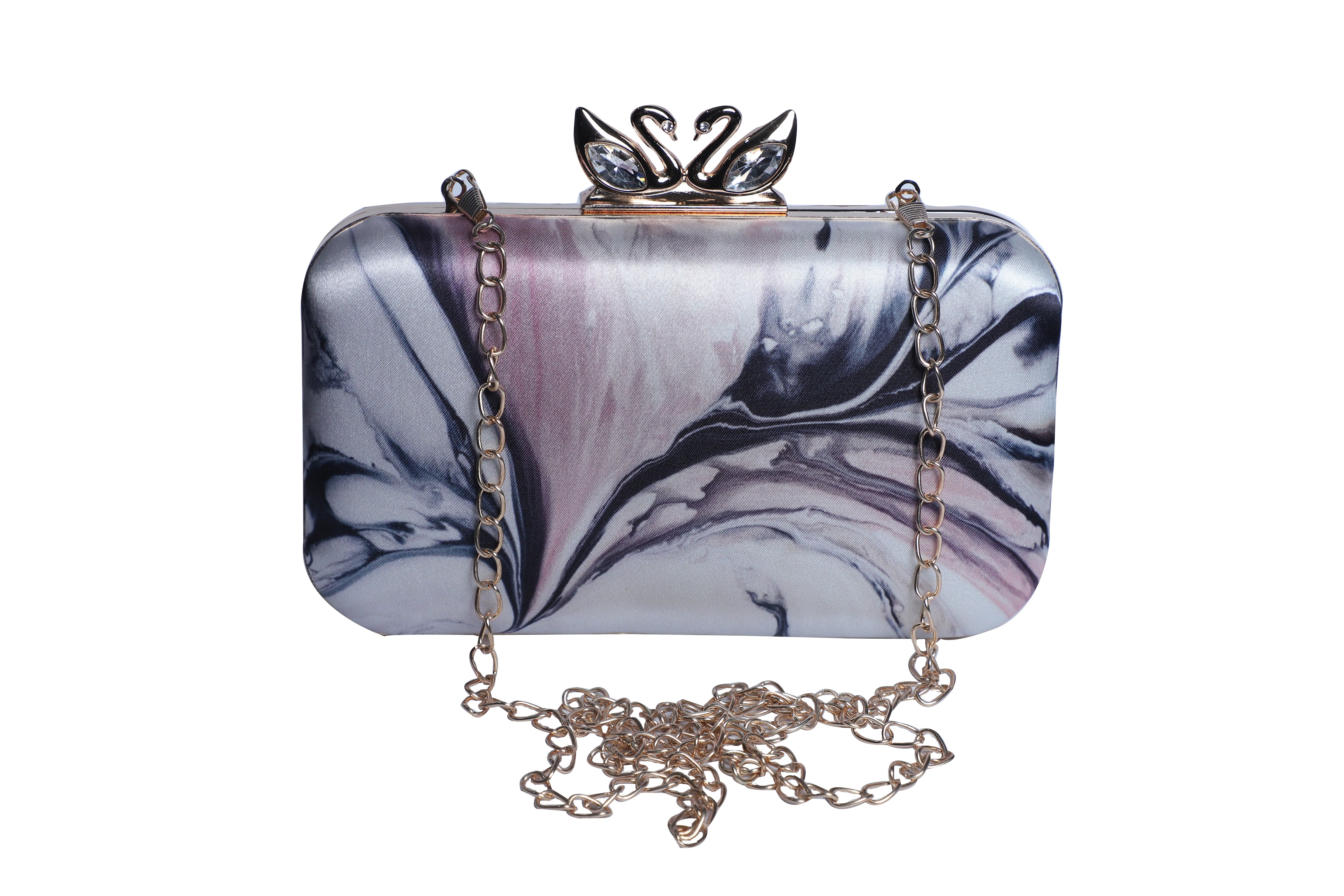 Abstract printed swan lock rectanguler clutch