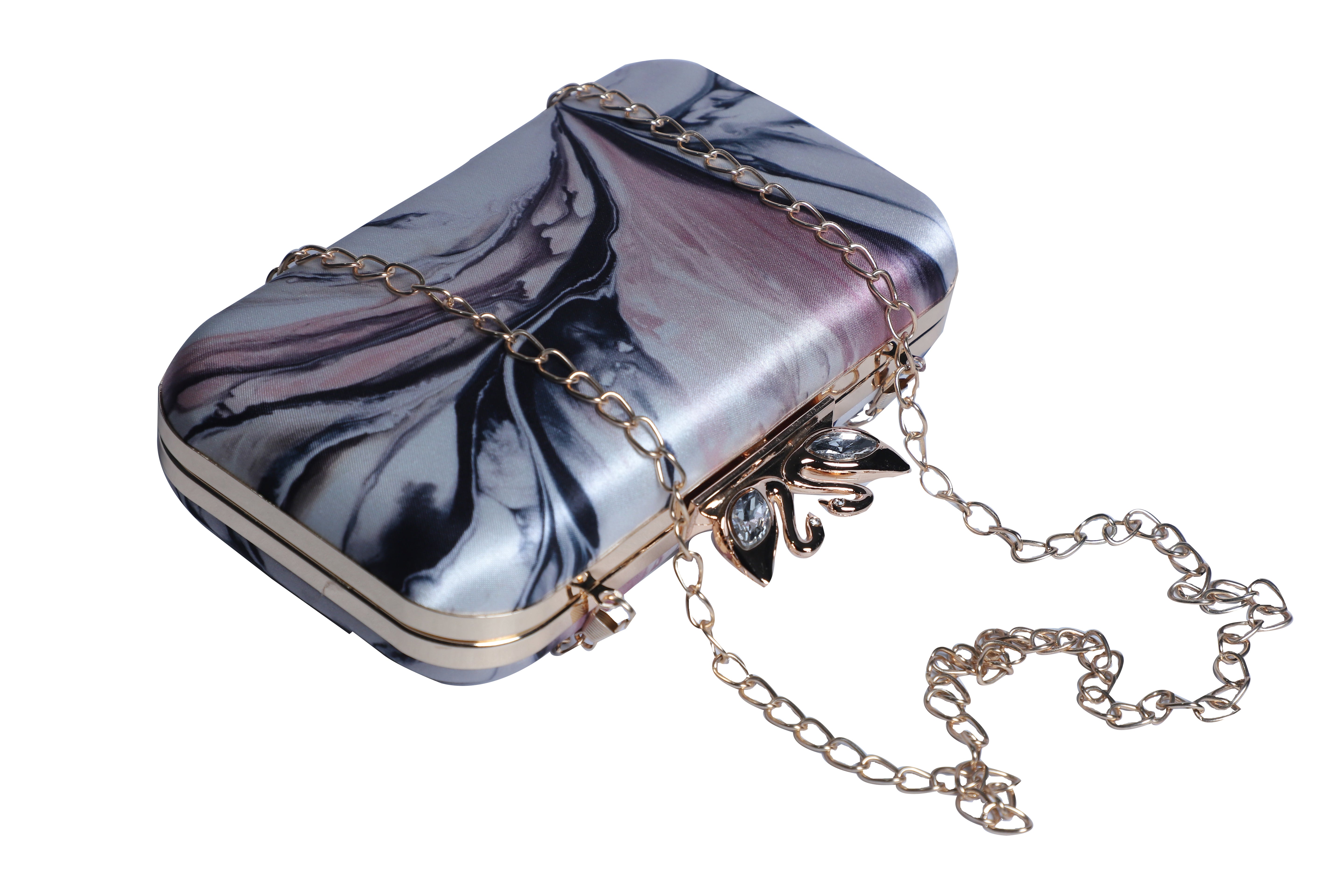 Abstract printed swan lock rectanguler clutch