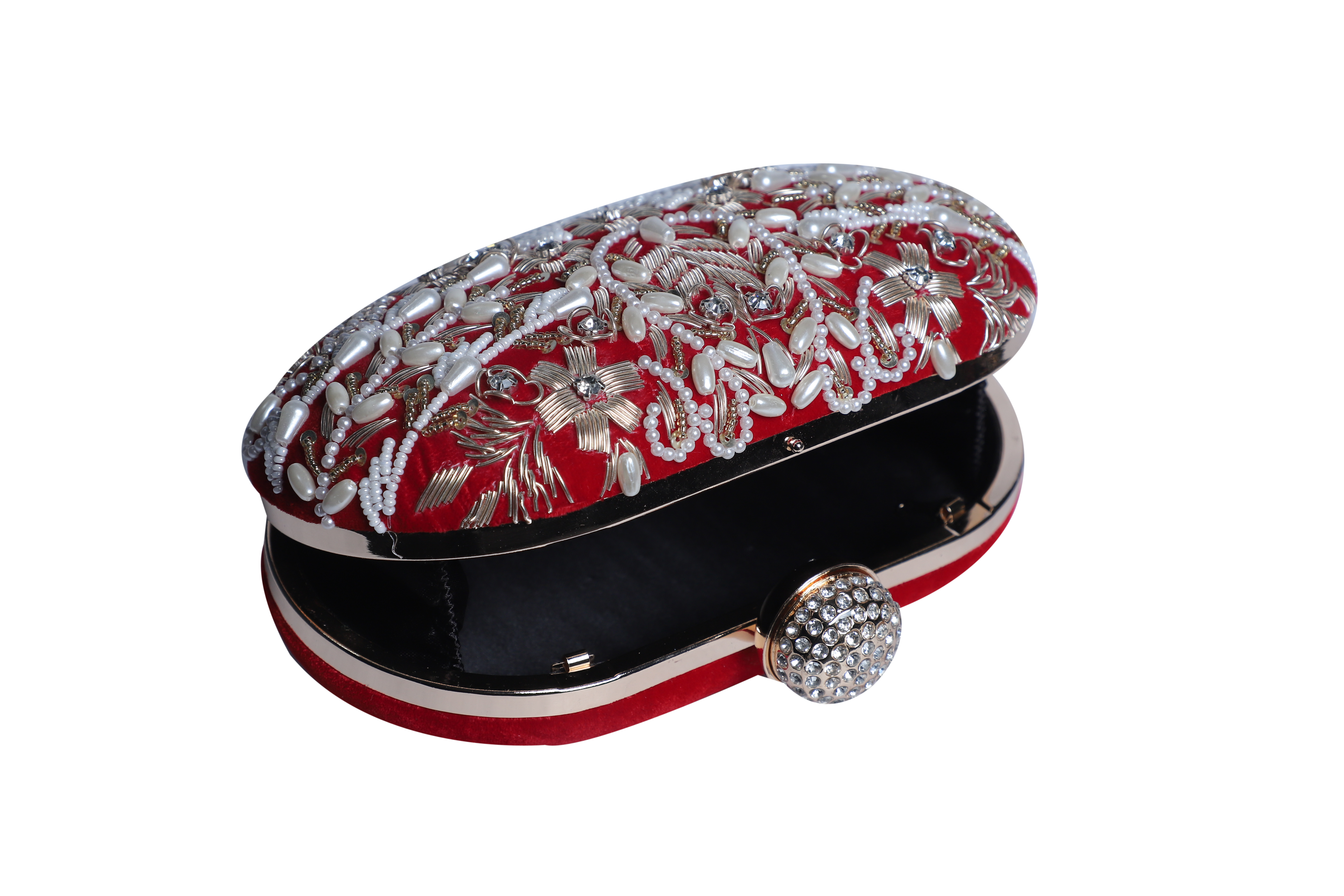 Red embroidery oval clutch