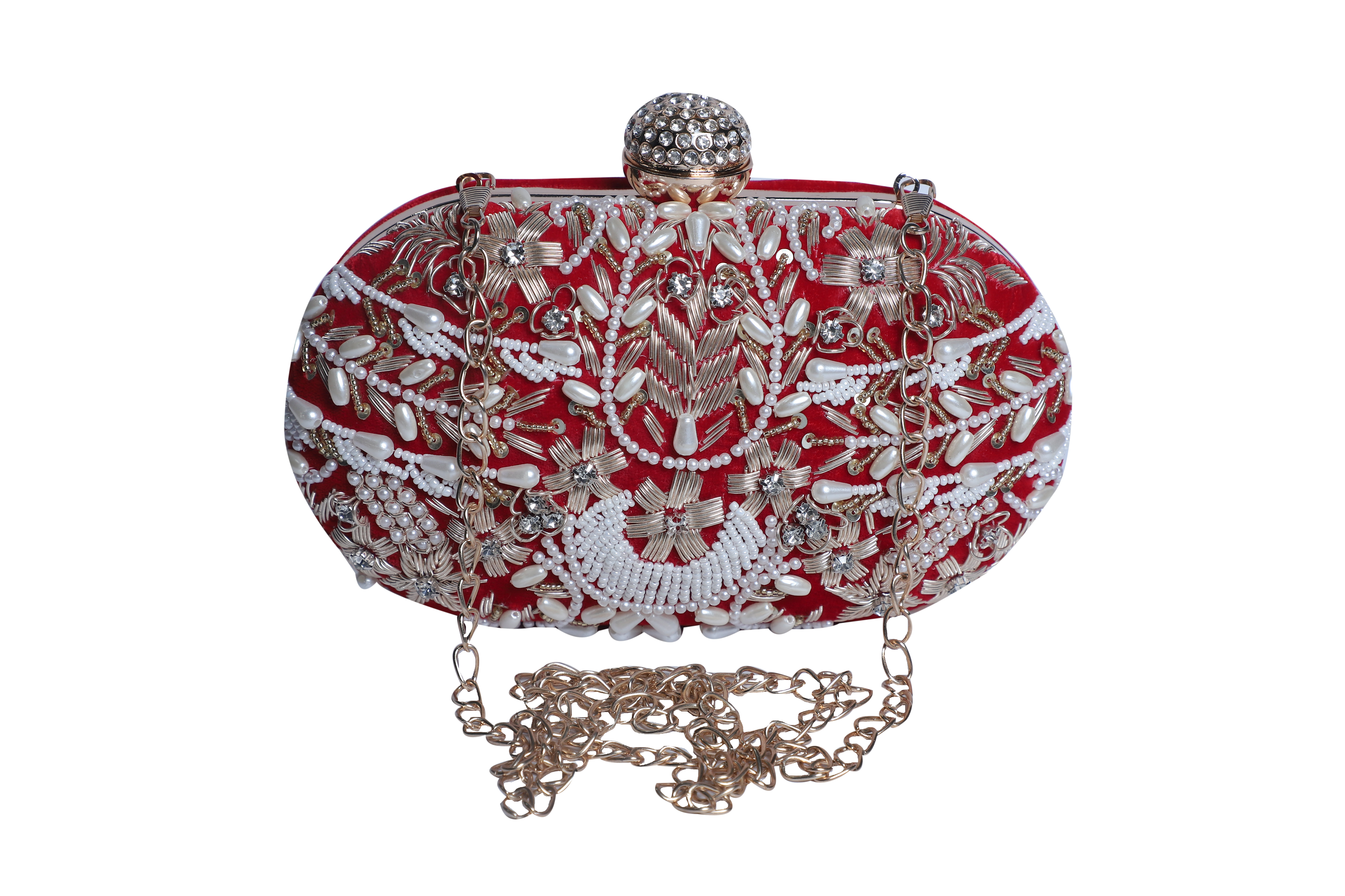Red embroidery oval clutch