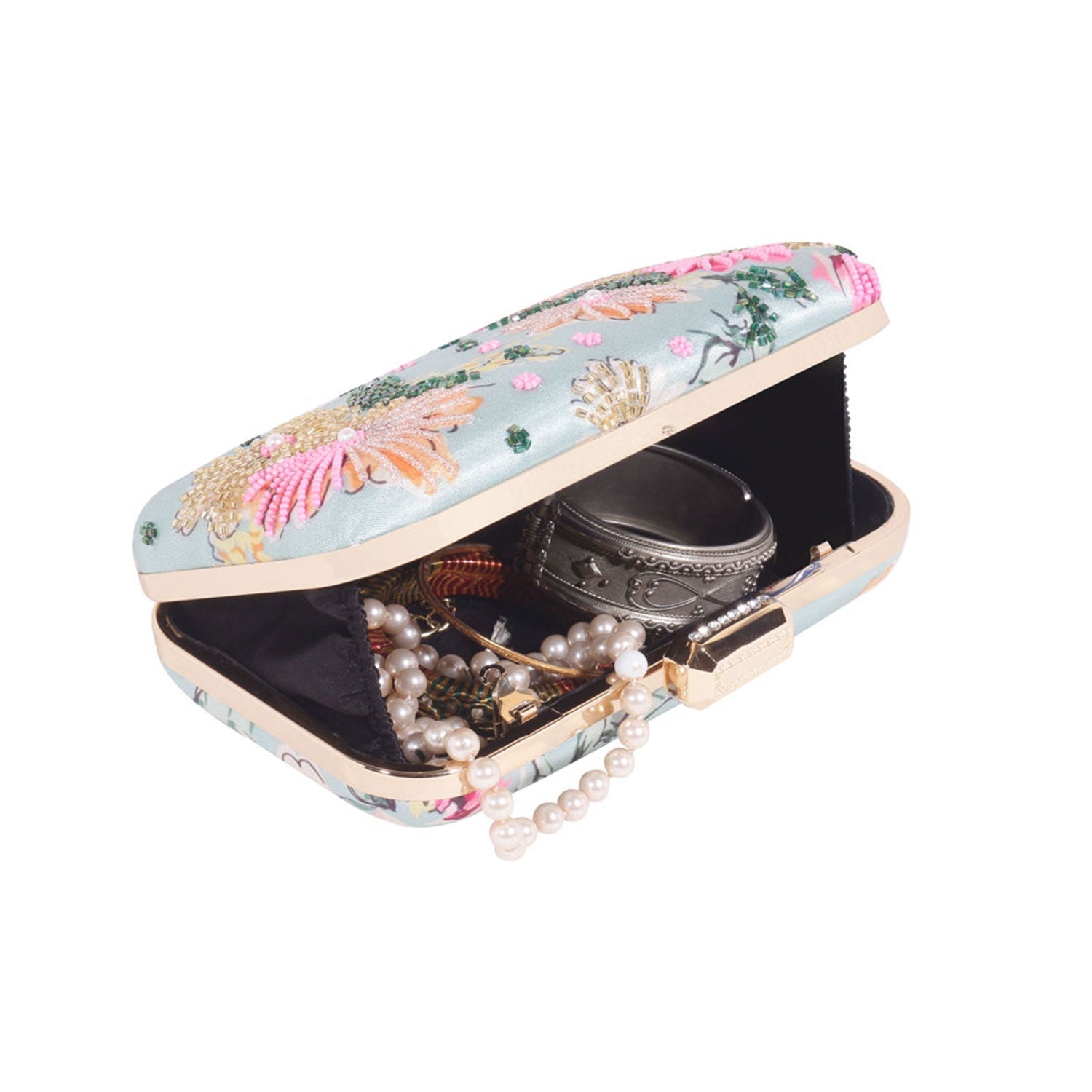 Designer Printed Embroidered Green Clutch Bag For Women & Girls