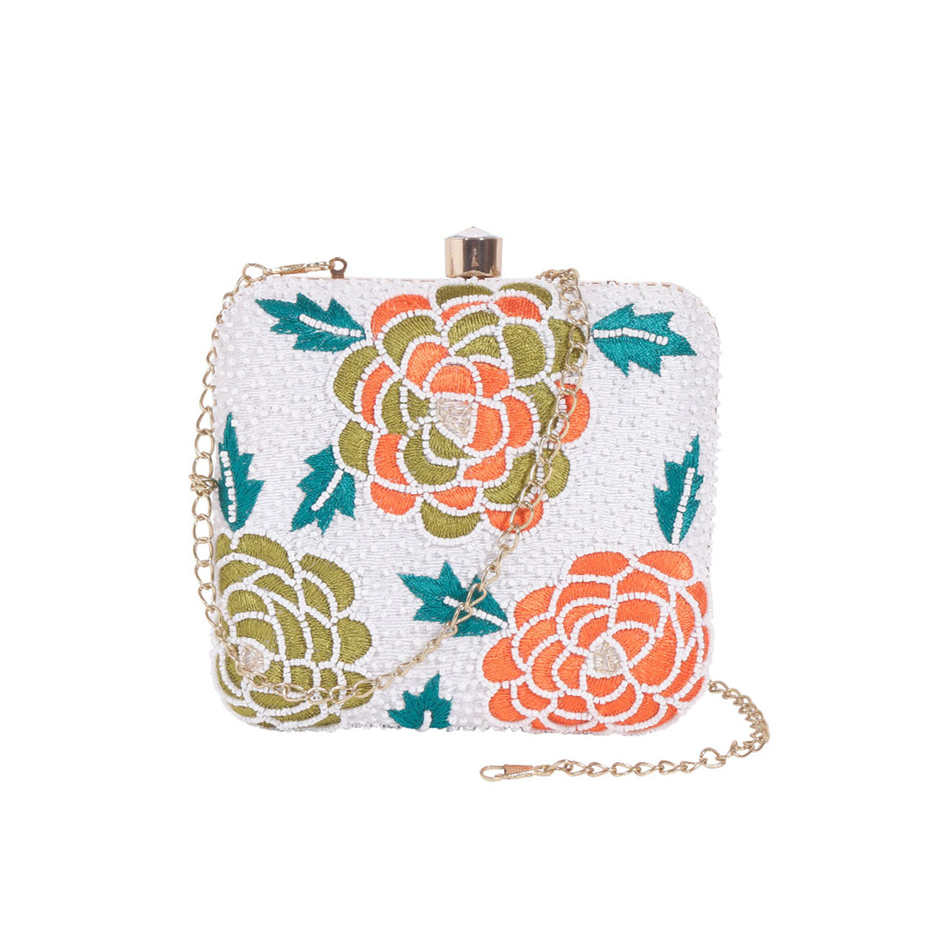 White embroidered floral clutch bag