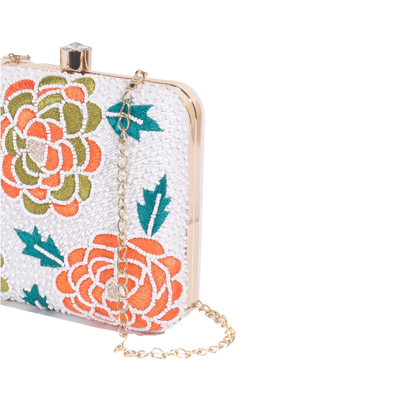 White embroidered floral clutch bag