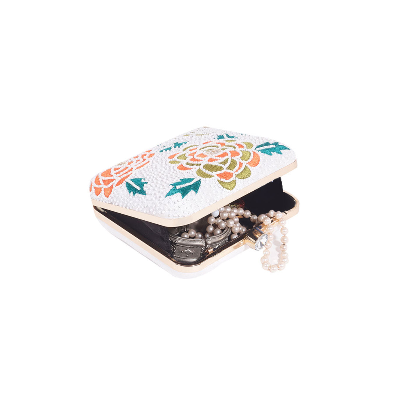 White embroidered floral clutch bag