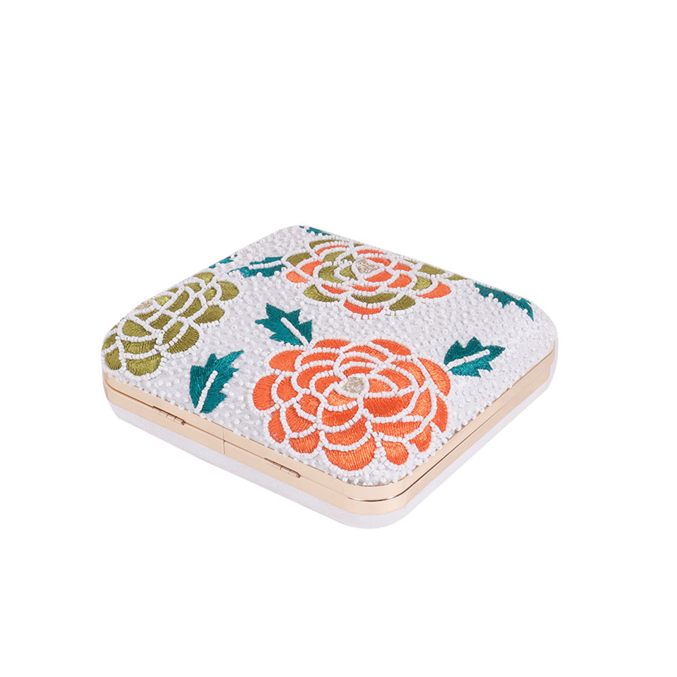 White embroidered floral clutch bag
