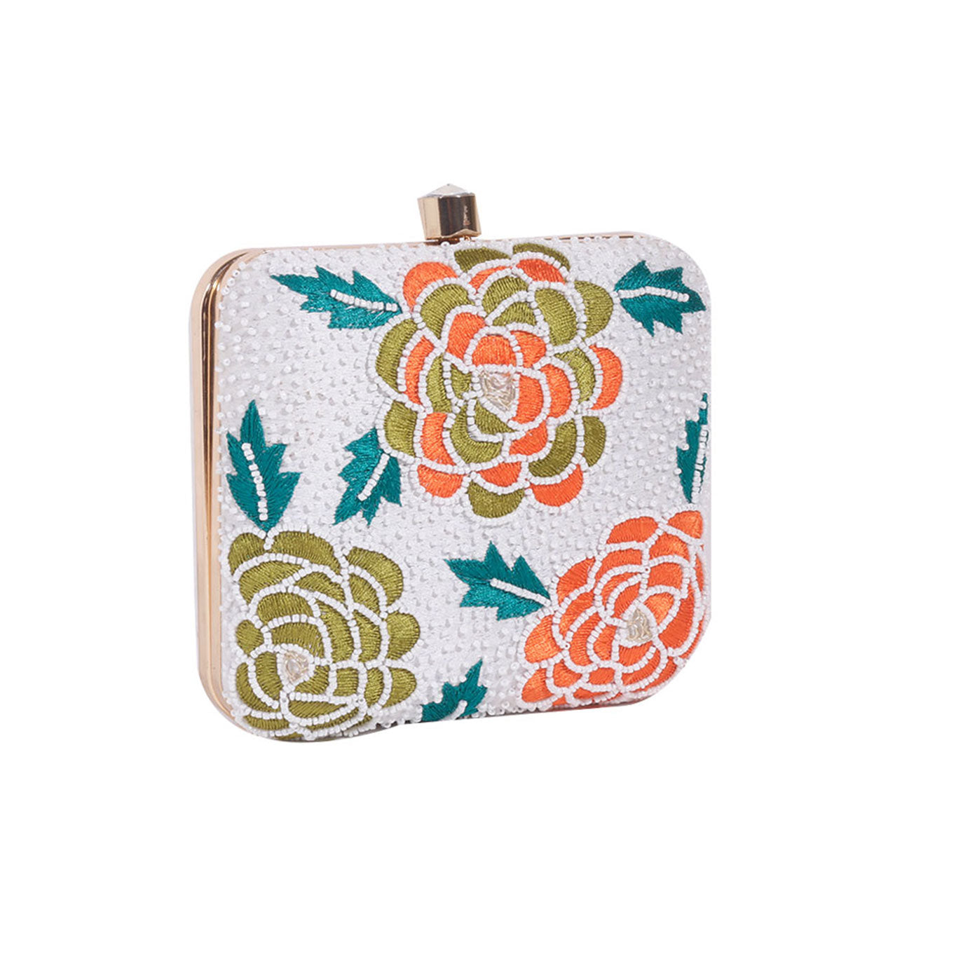 White embroidered floral clutch bag