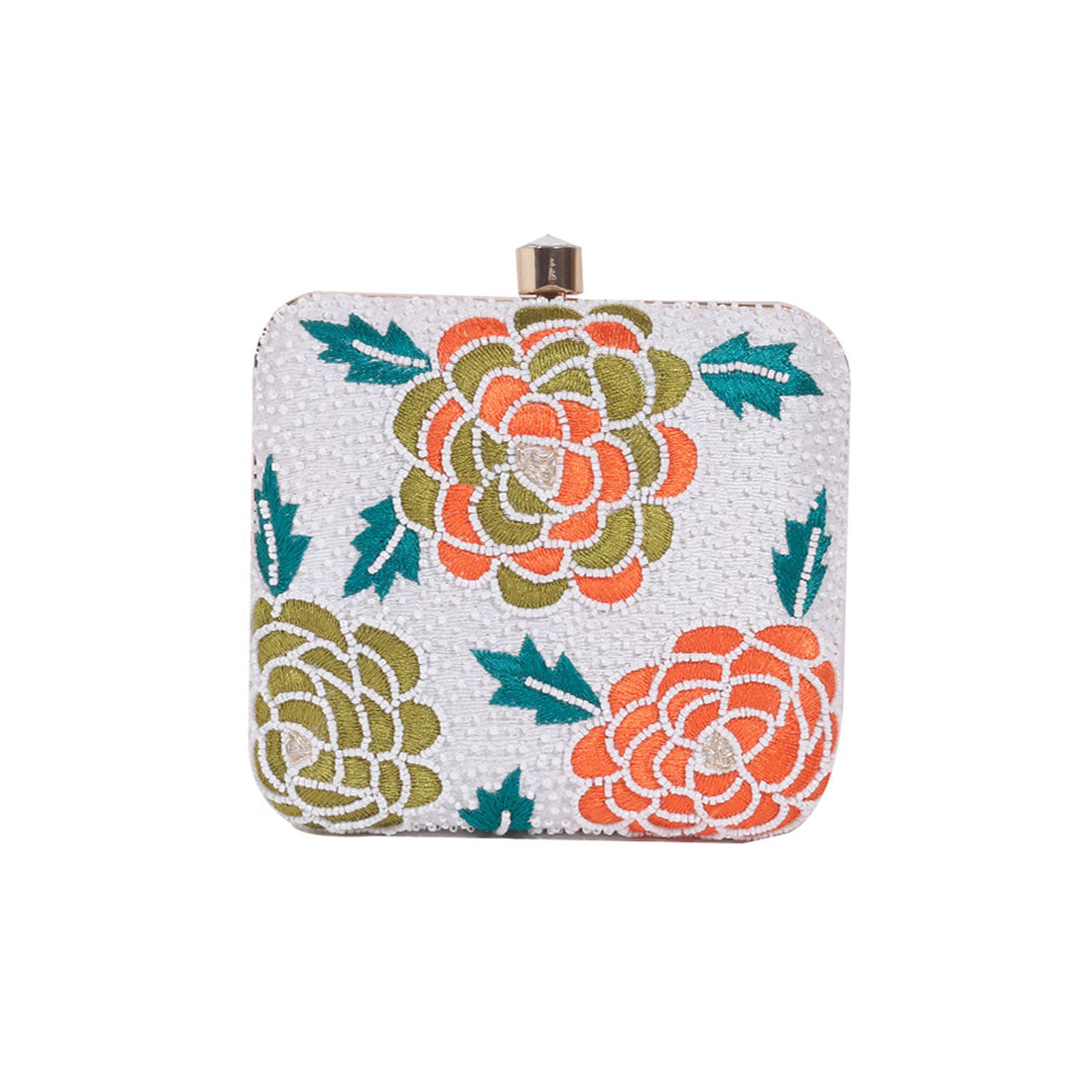 White embroidered floral clutch bag