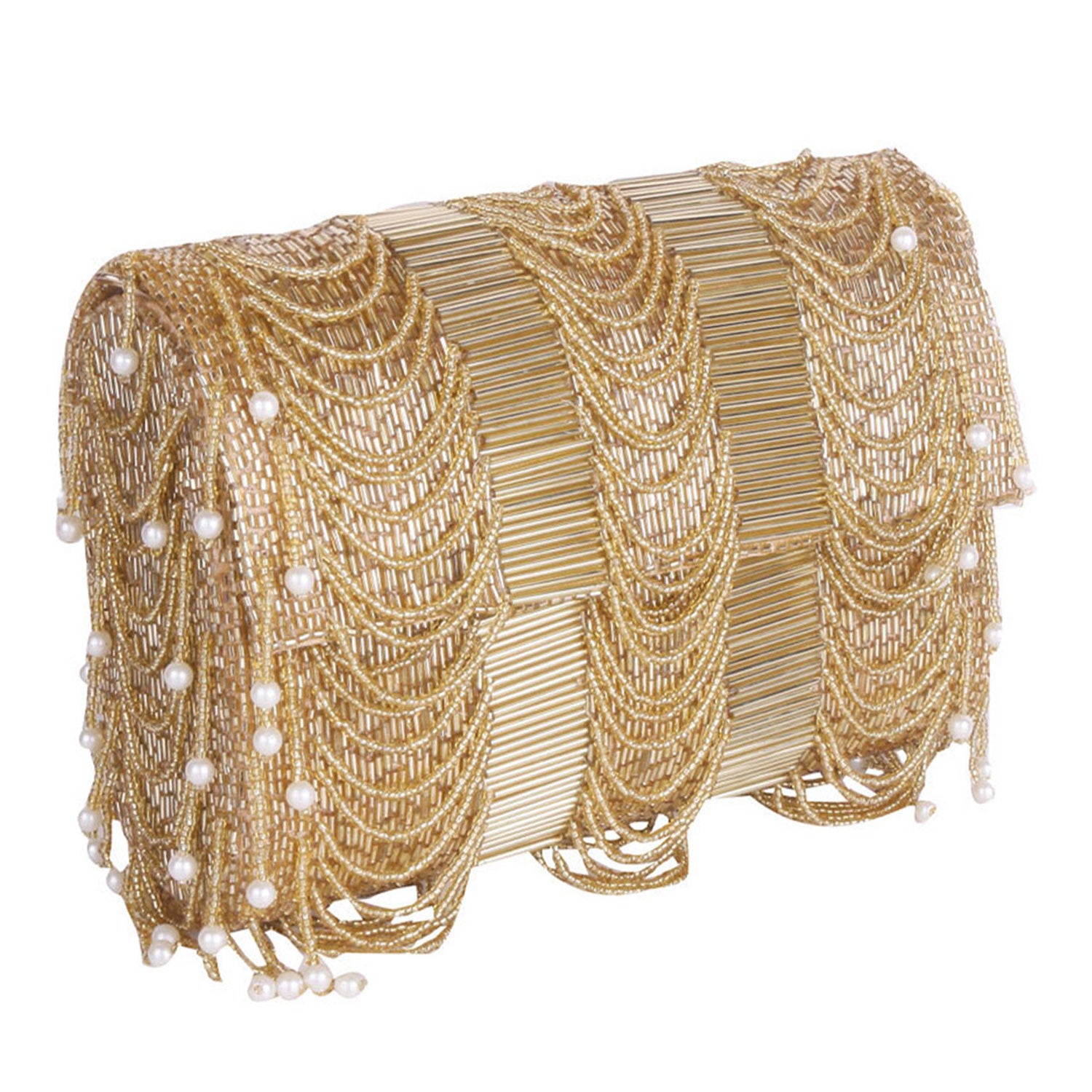 Stylish Allover Golden Work Flap Clutch Bag For Party , Wedding