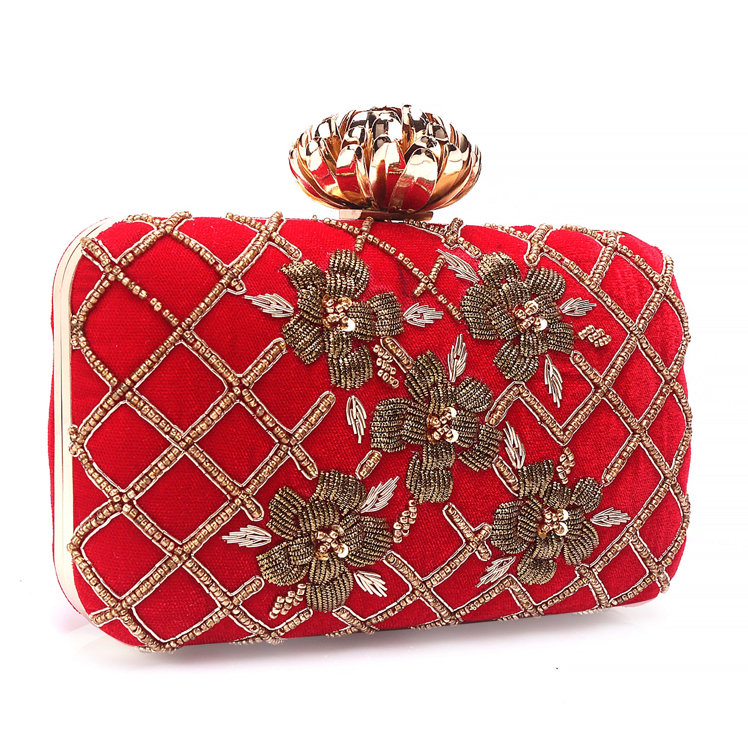 Designer embroidered rectangle red clutch