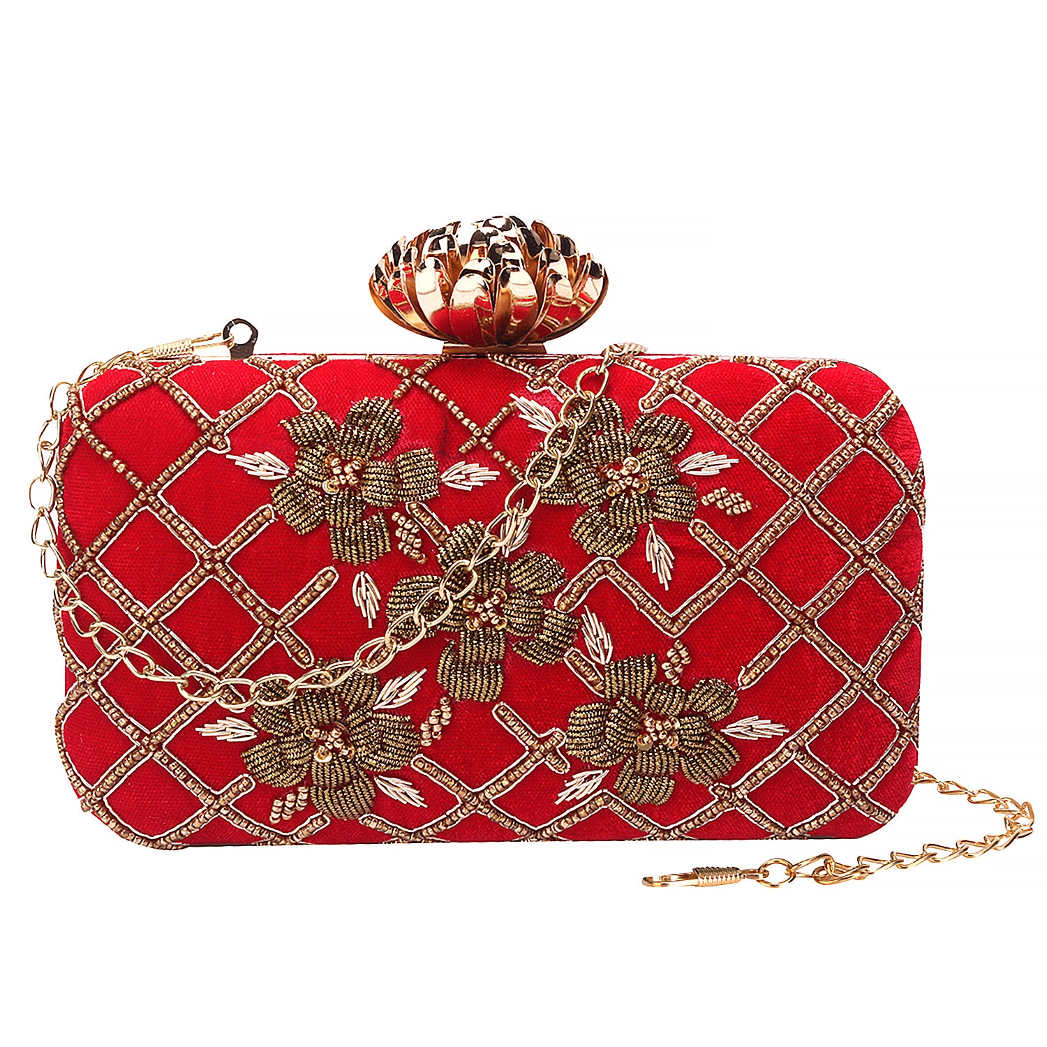 Designer embroidered rectangle red clutch