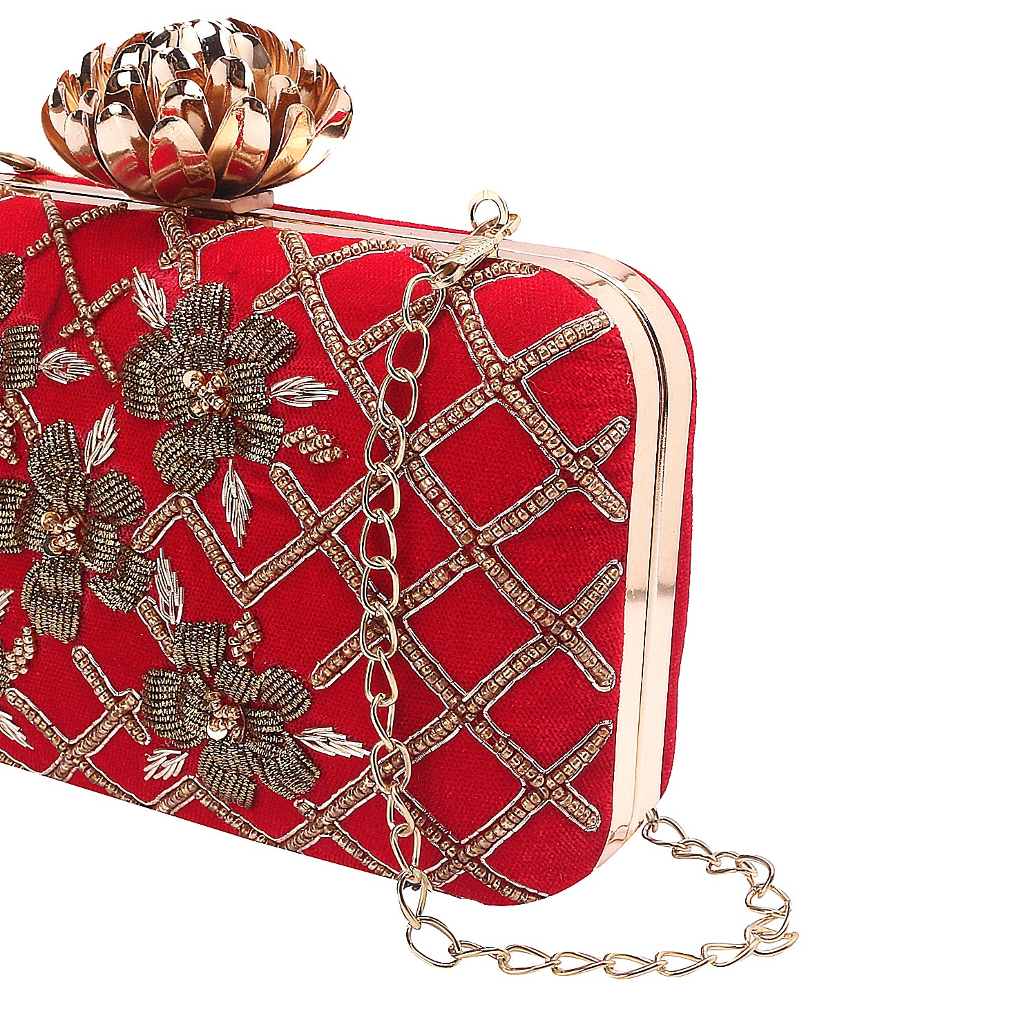 Designer embroidered rectangle red clutch