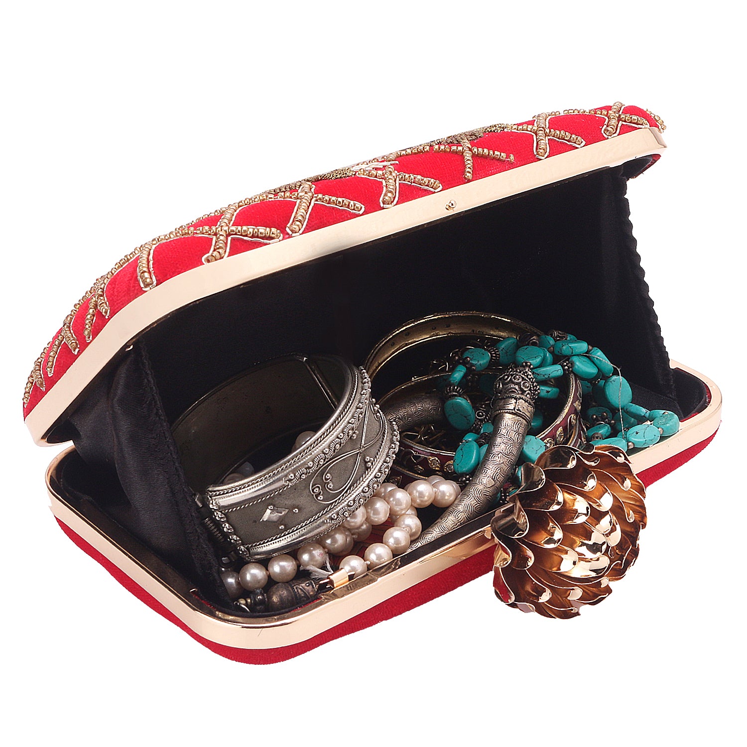 Designer embroidered rectangle red clutch