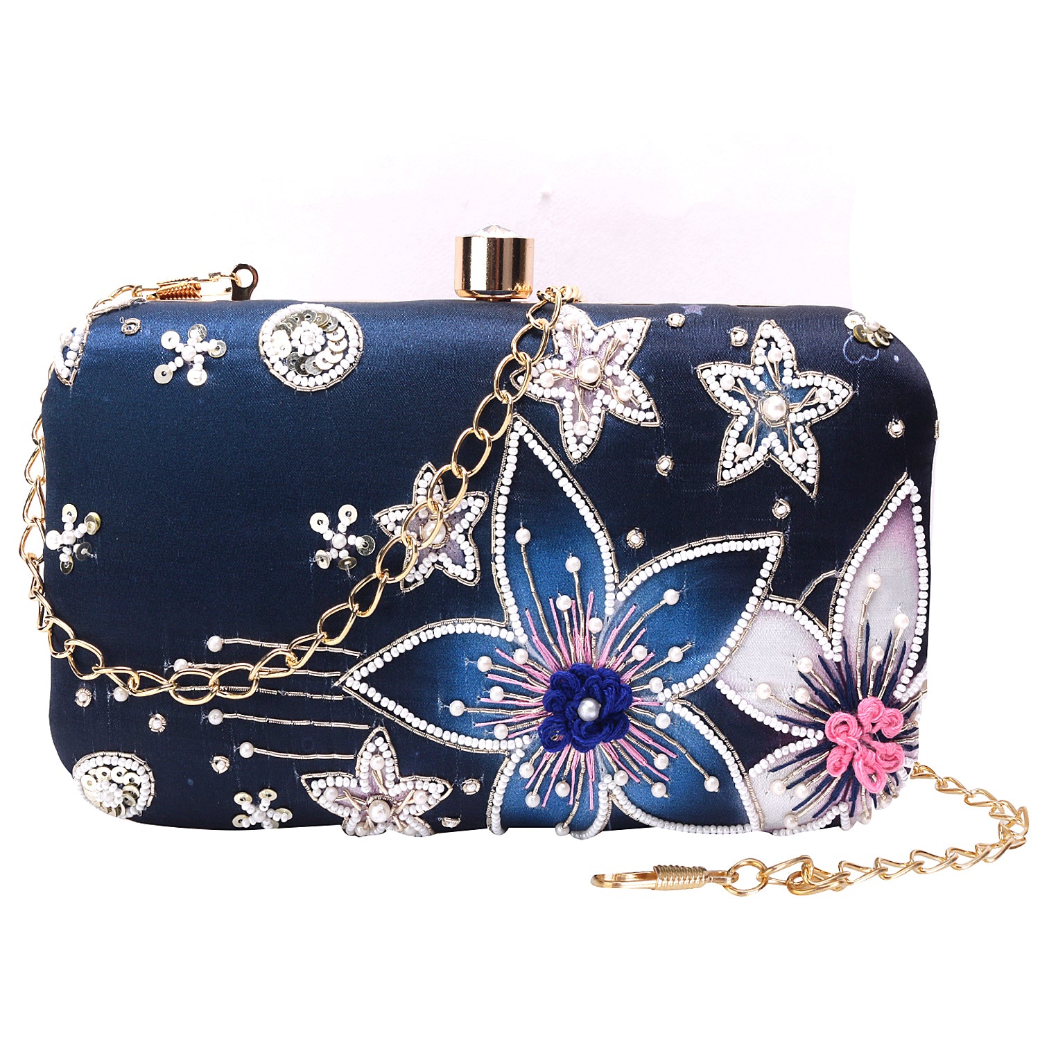 Sober printed embroidery clutch