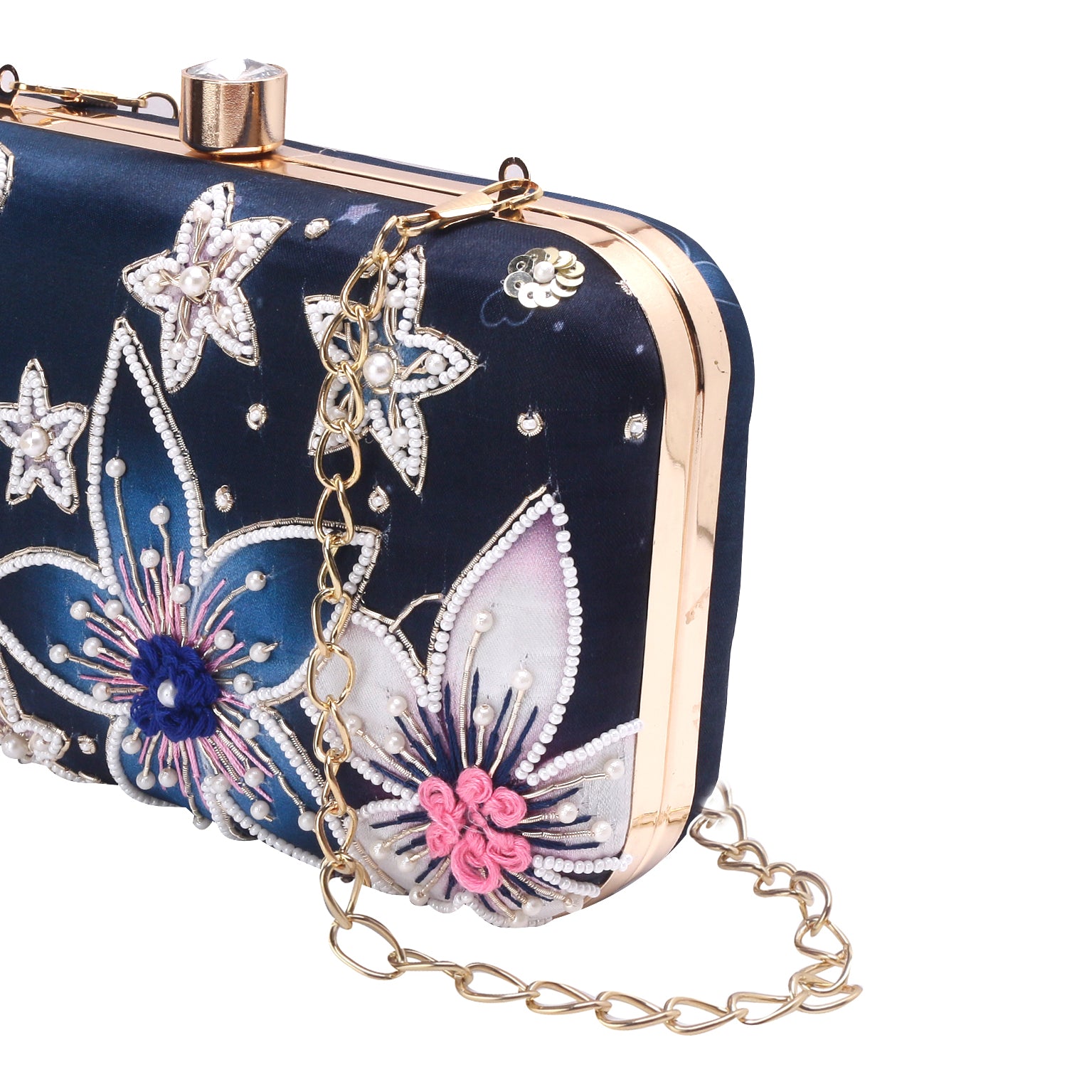 Sober printed embroidery clutch