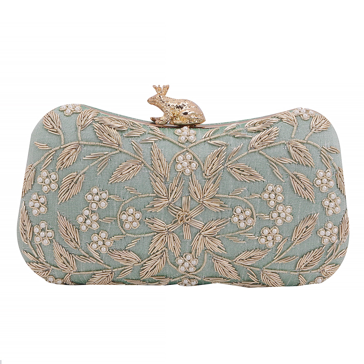 Zardosi Handwork Mint Green Frop Closure Clutch