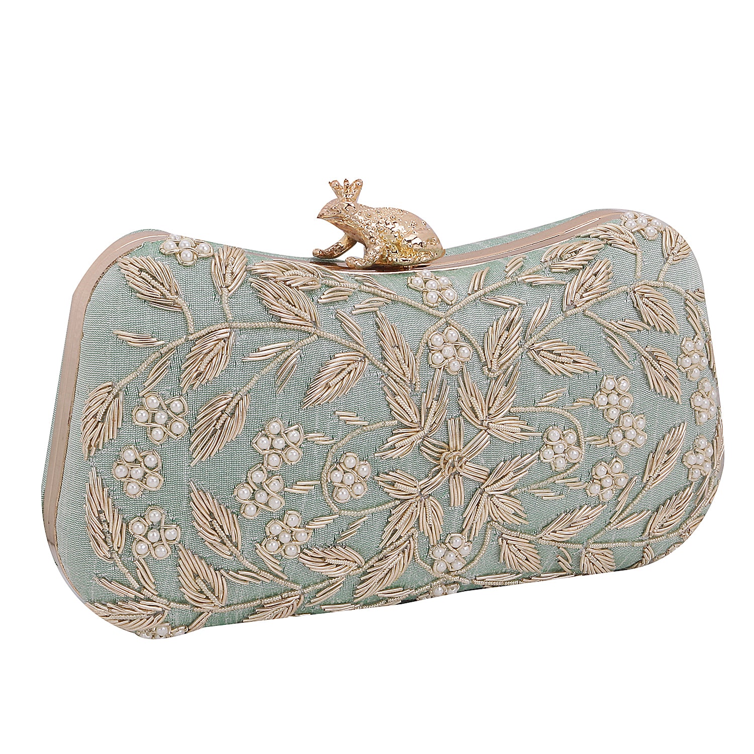 Zardosi Handwork Mint Green Frop Closure Clutch