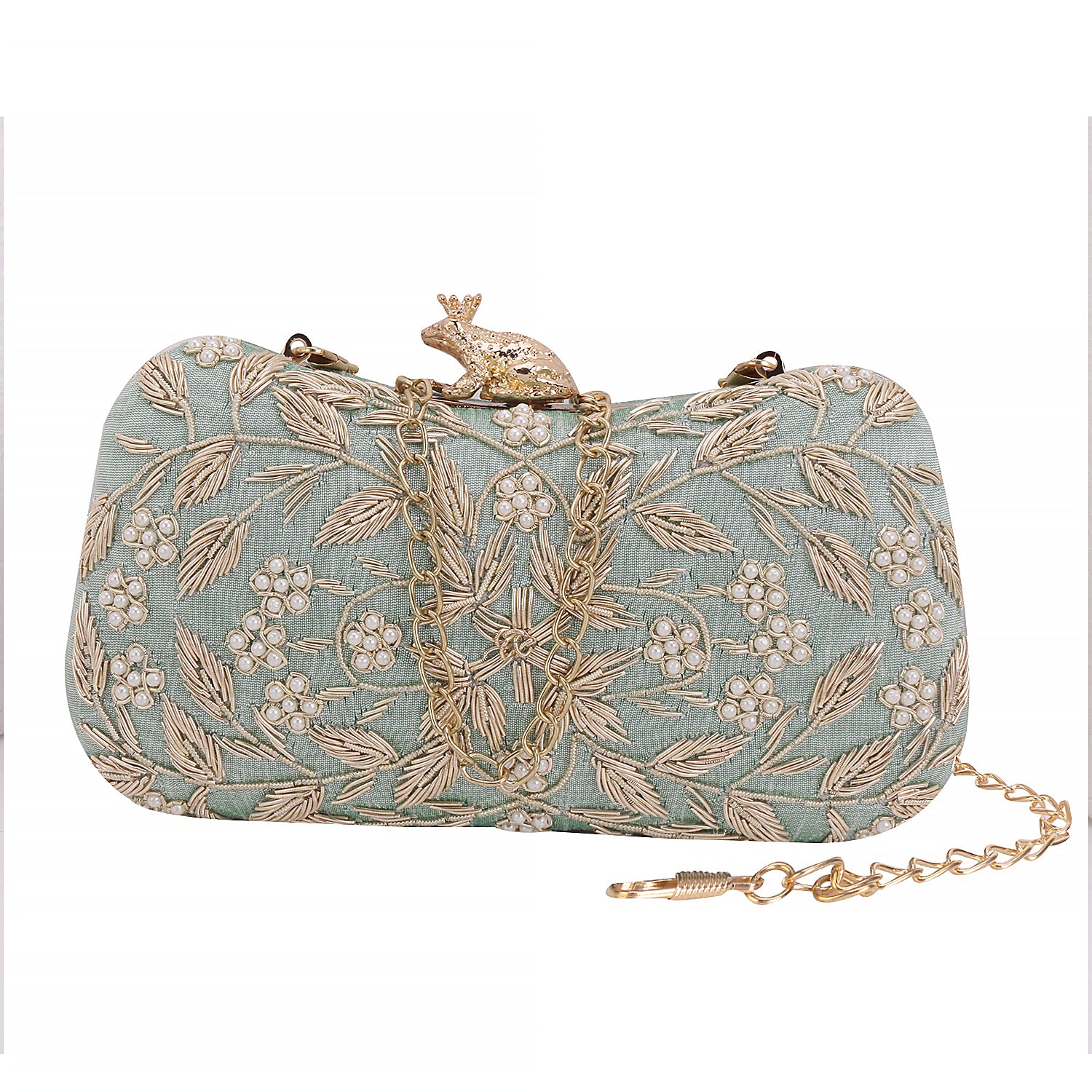 Zardosi Handwork Mint Green Frop Closure Clutch
