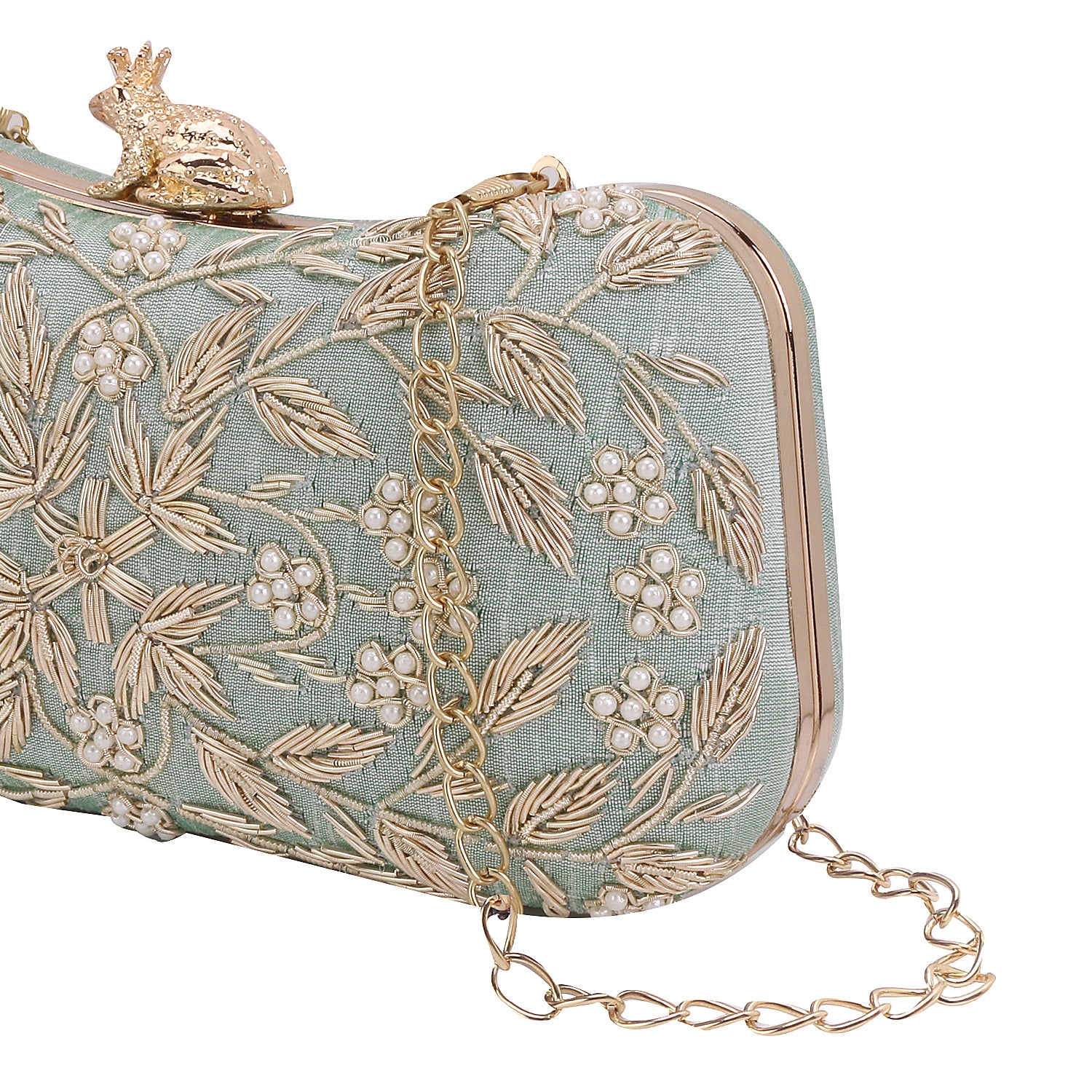 Zardosi Handwork Mint Green Frop Closure Clutch