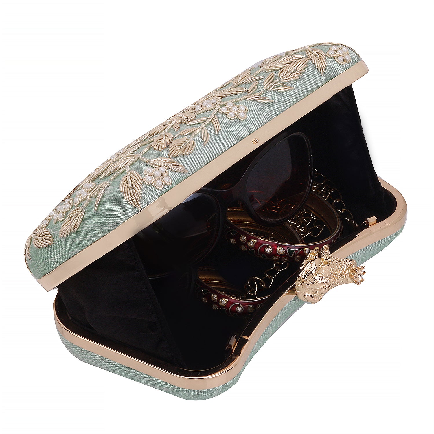 Zardosi Handwork Mint Green Frop Closure Clutch