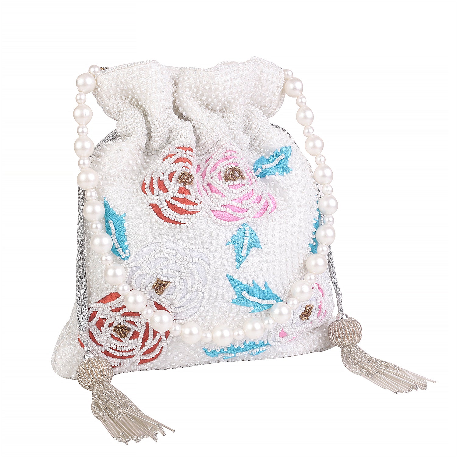 White Floral Touch Embroidery Design Potli Bag
