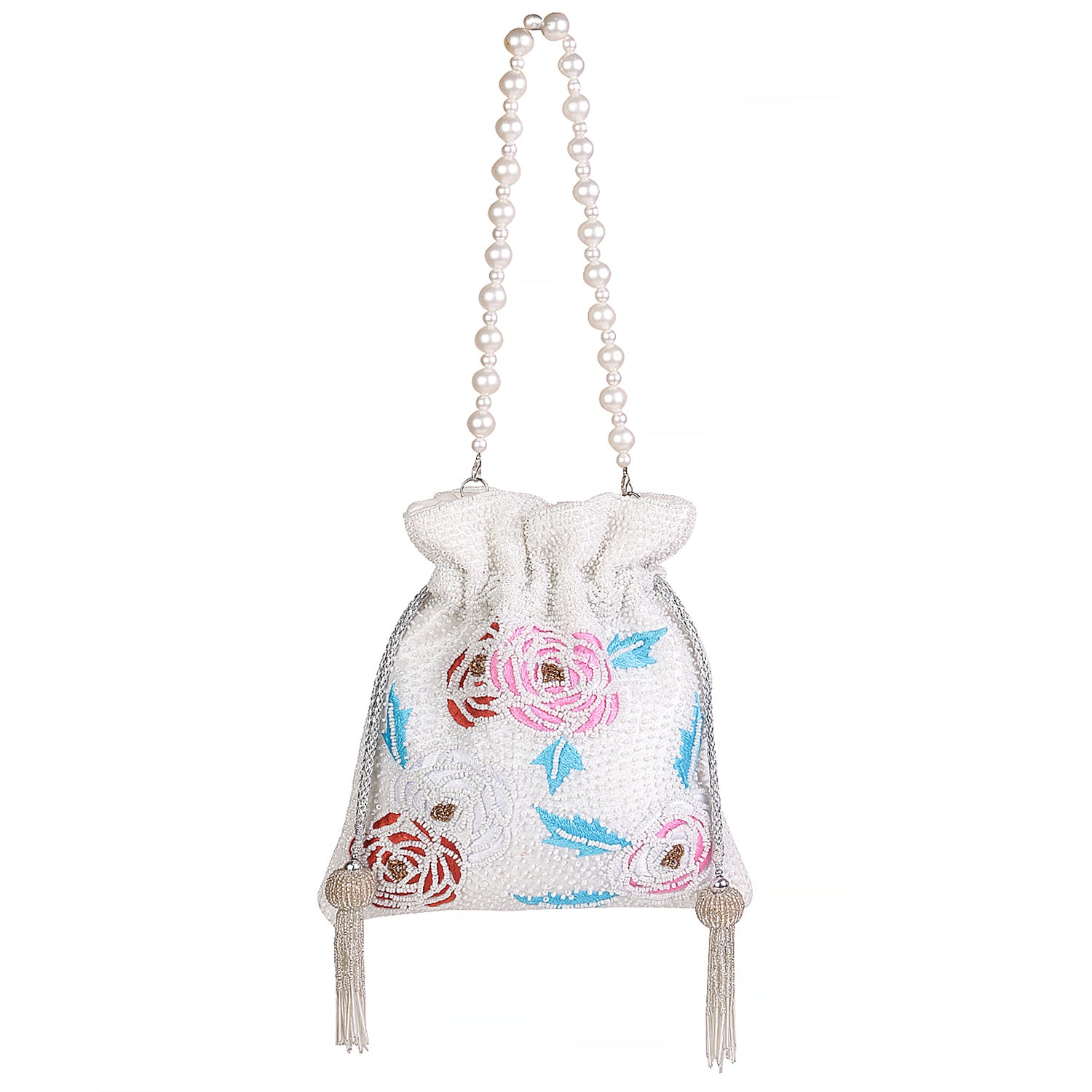 White Floral Touch Embroidery Design Potli Bag