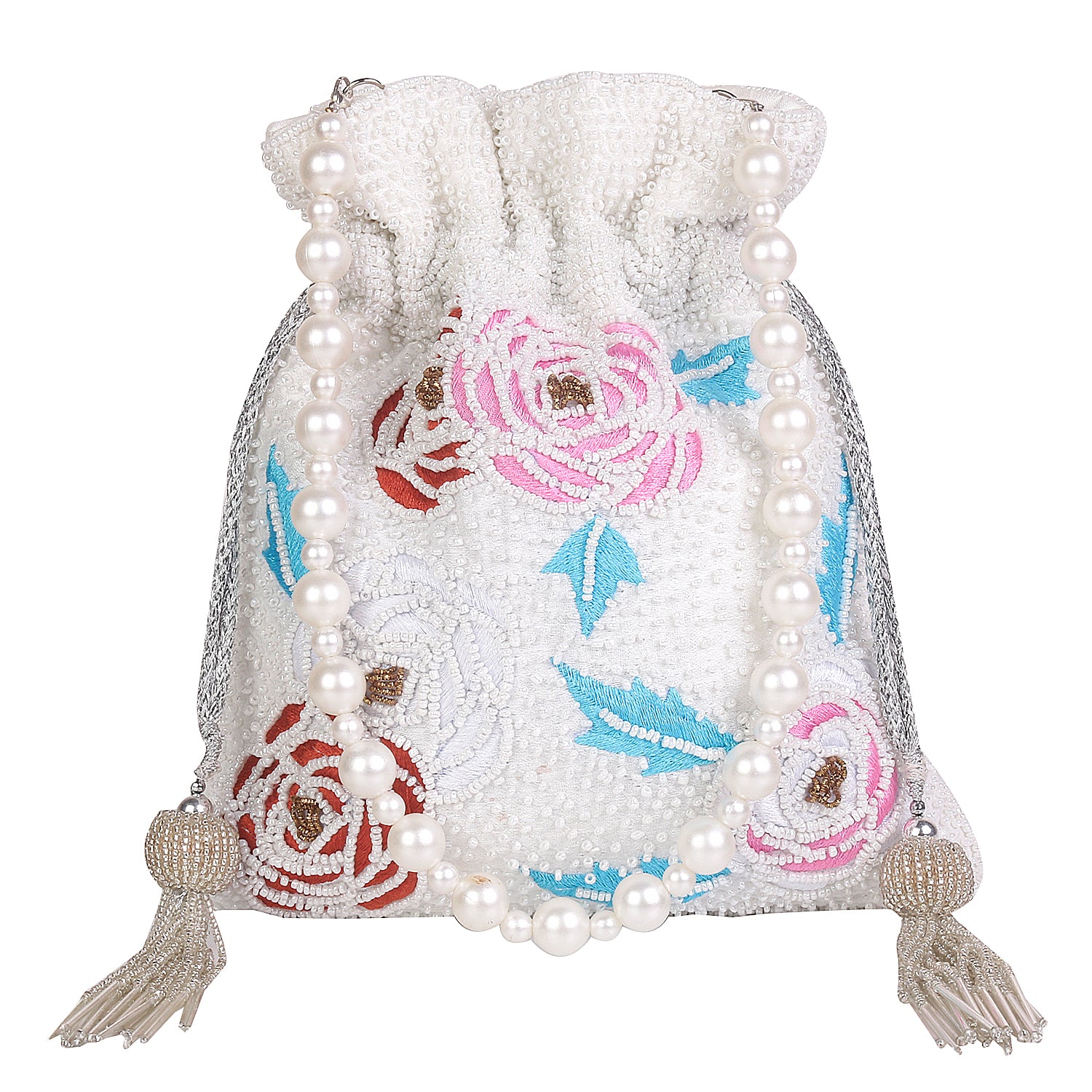 White Floral Touch Embroidery Design Potli Bag
