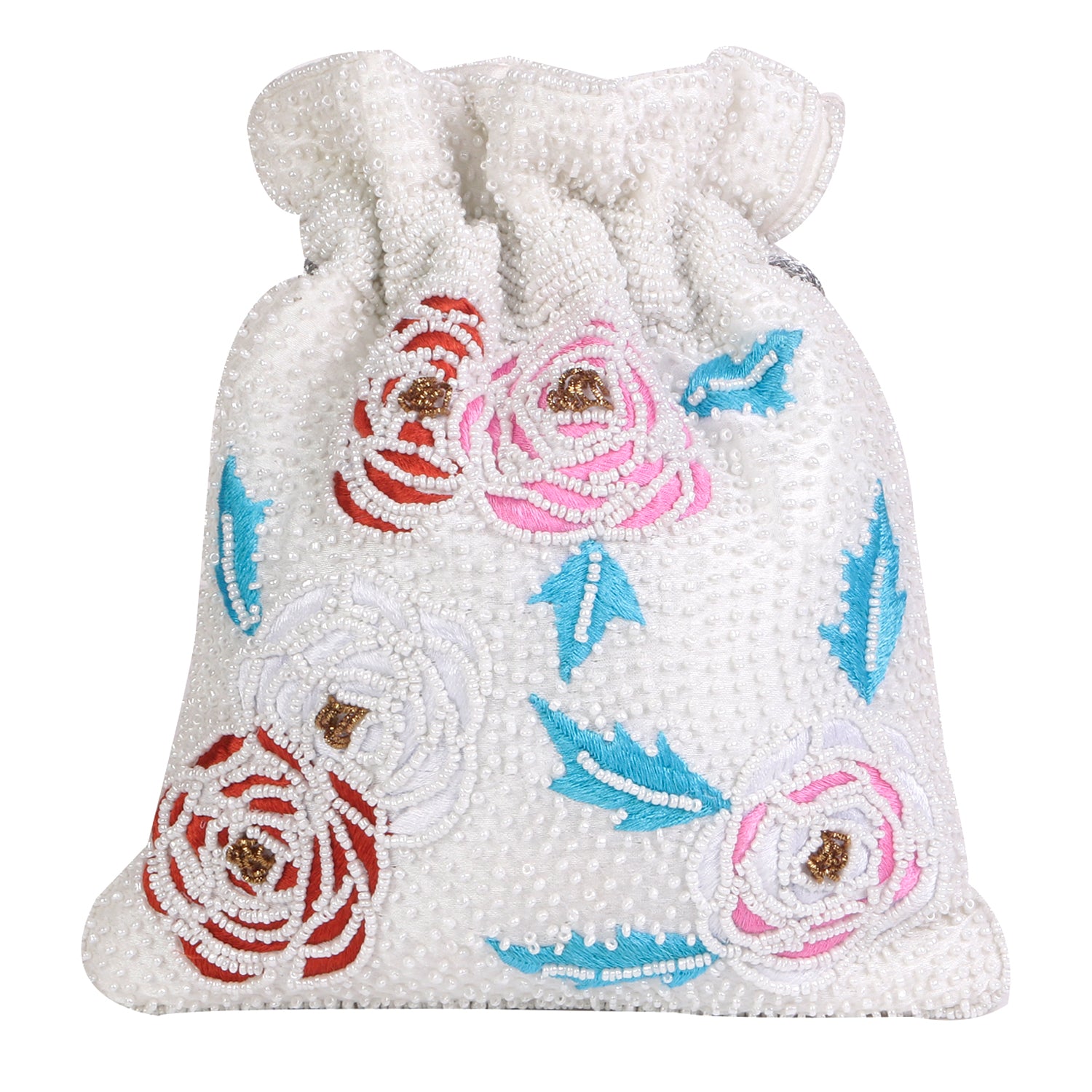 White Floral Touch Embroidery Design Potli Bag