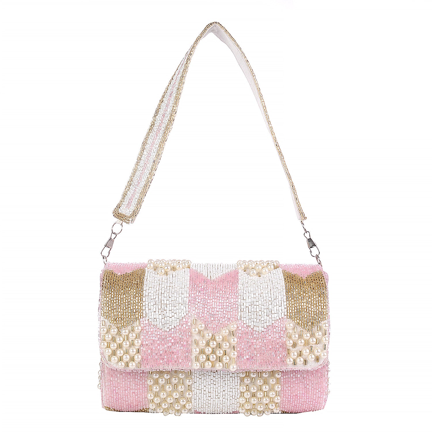 White And Pink Cutdana Flap Clutch