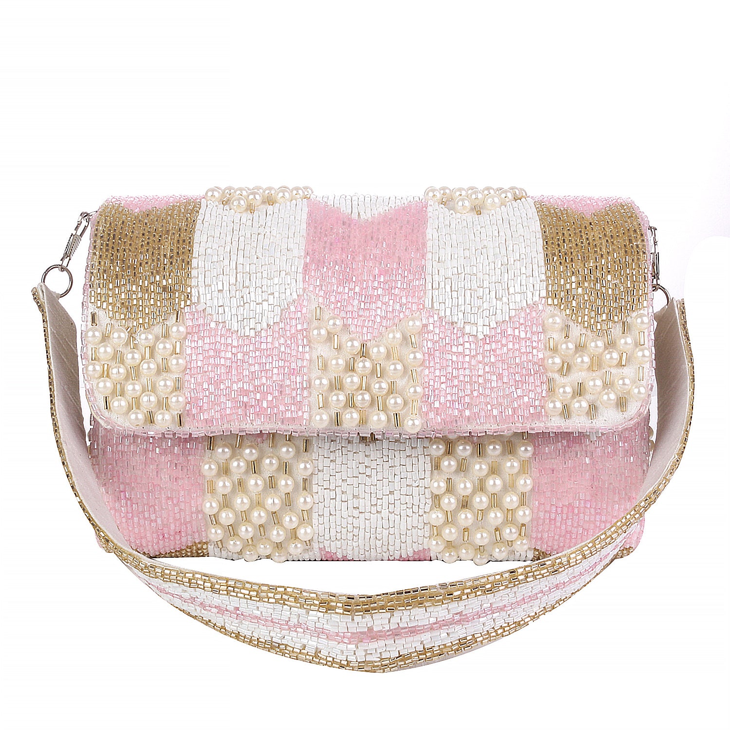 White And Pink Cutdana Flap Clutch