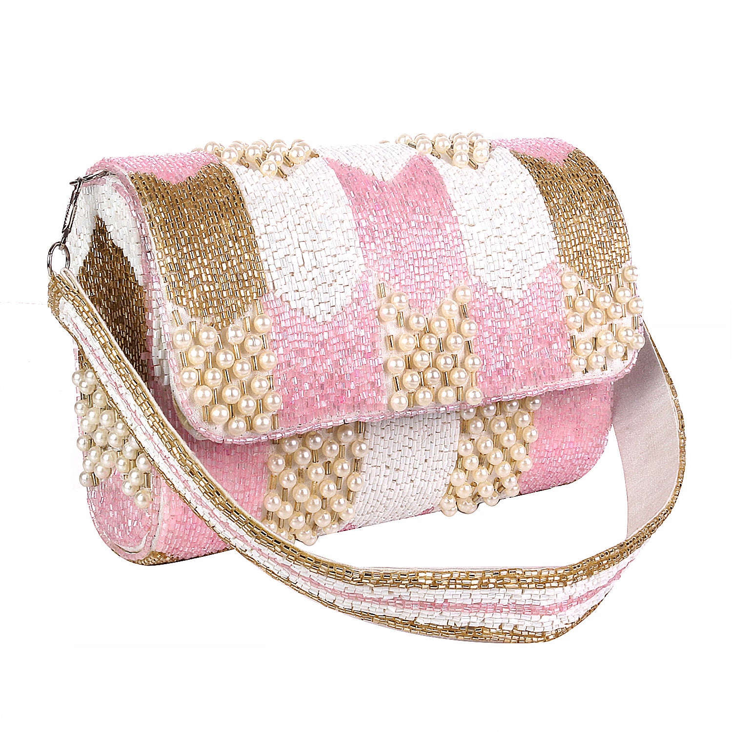 White And Pink Cutdana Flap Clutch