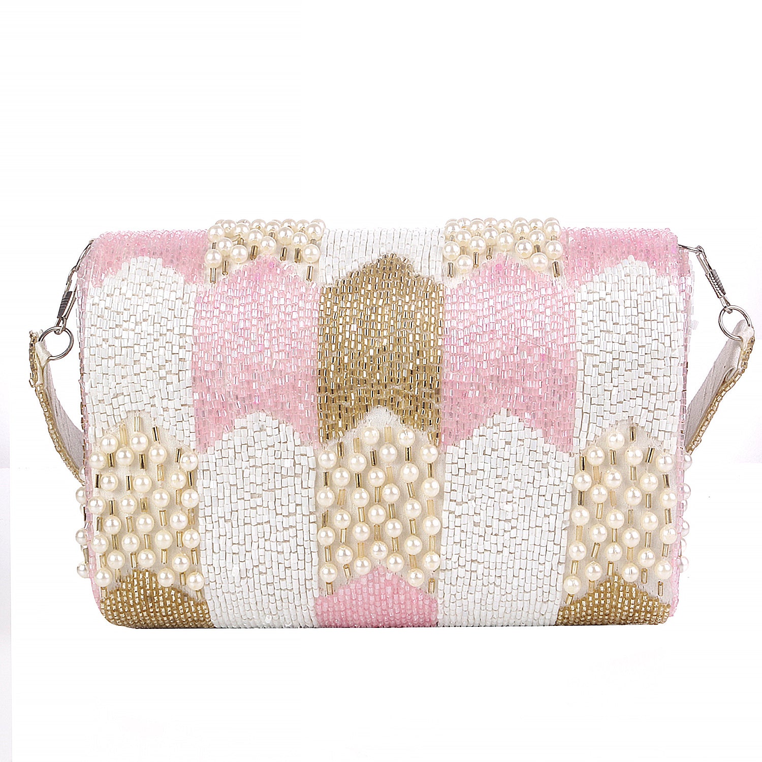 White And Pink Cutdana Flap Clutch