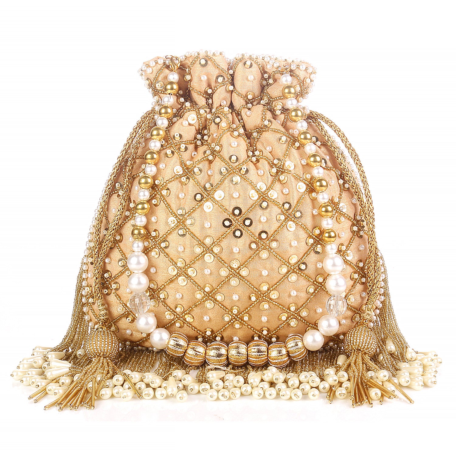 Golden Designer With Fringes Style Potli For Wedding And Party