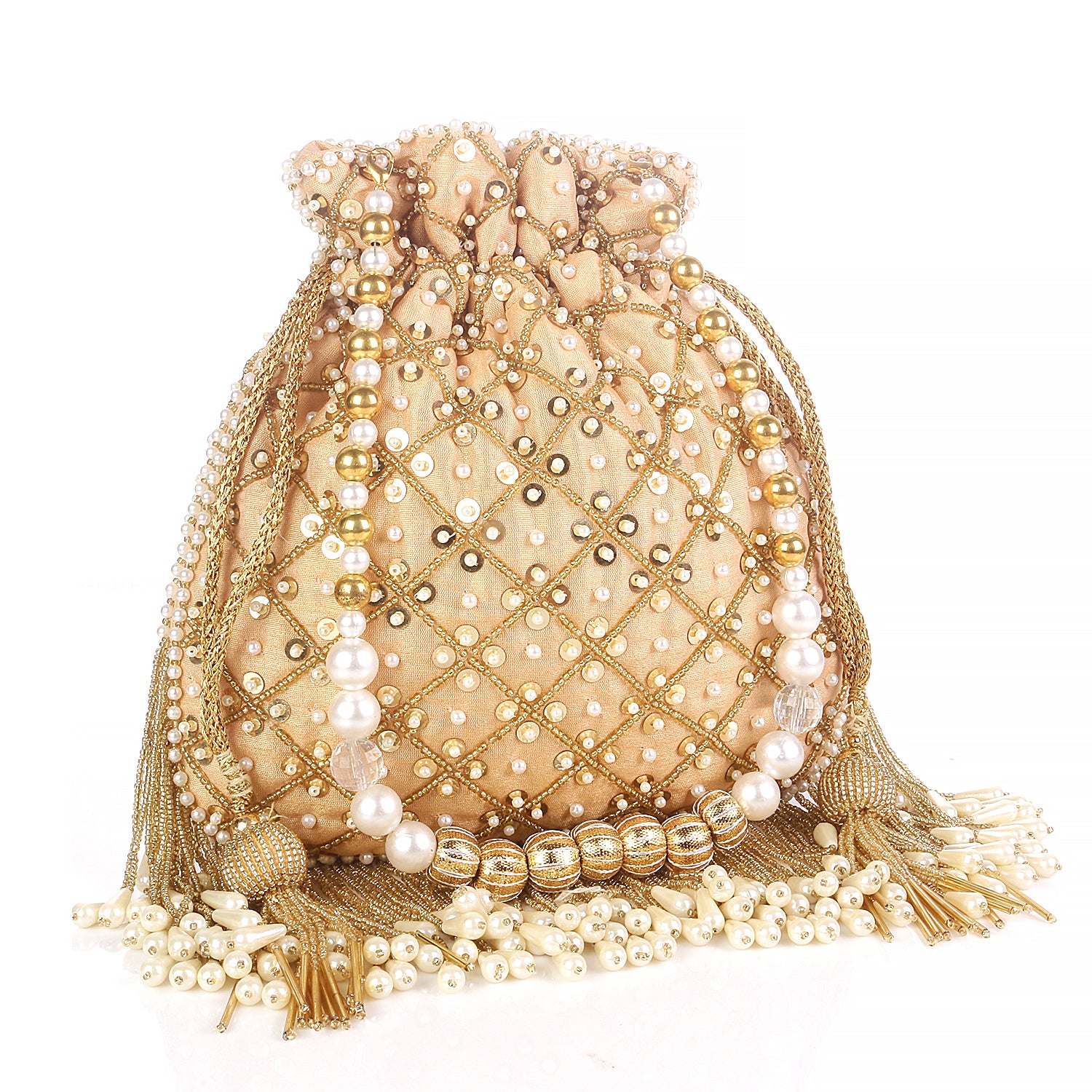 Golden Designer With Fringes Style Potli For Wedding And Party