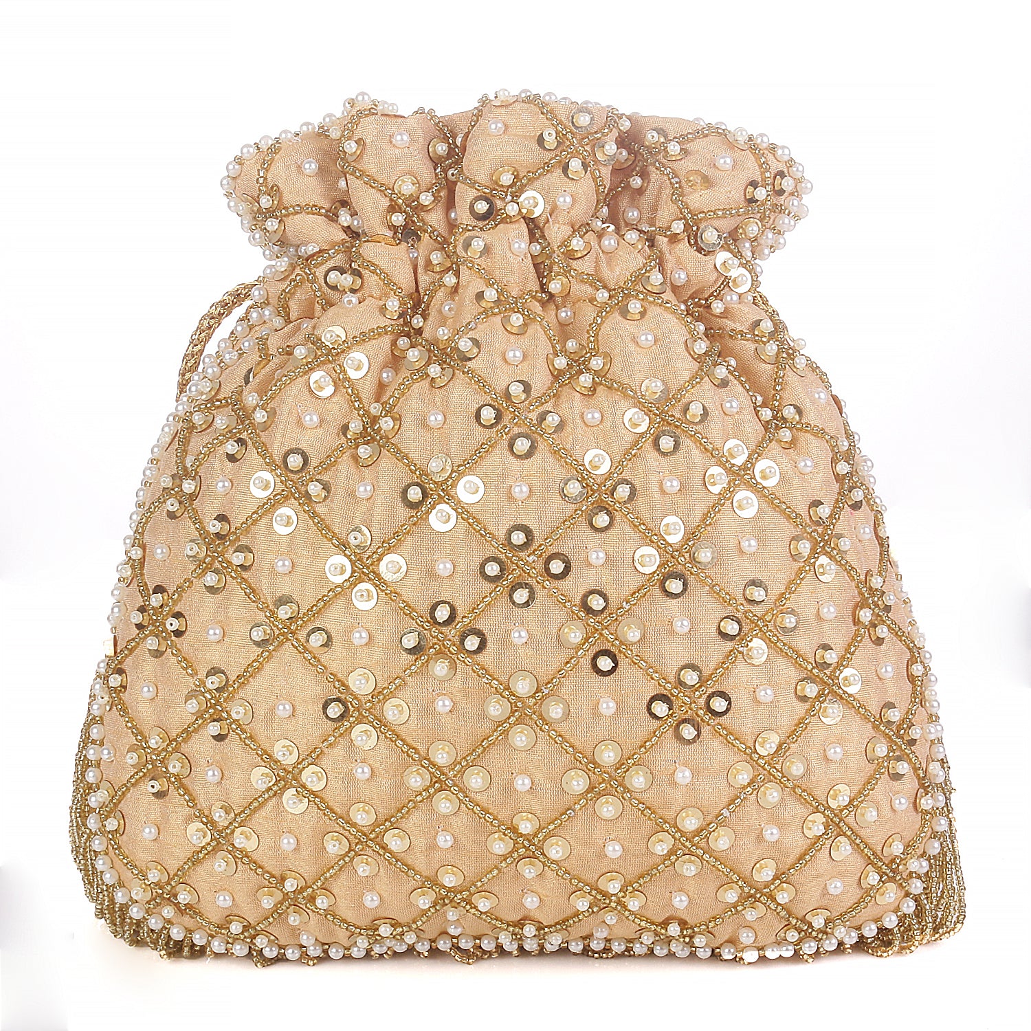 Golden Designer With Fringes Style Potli For Wedding And Party